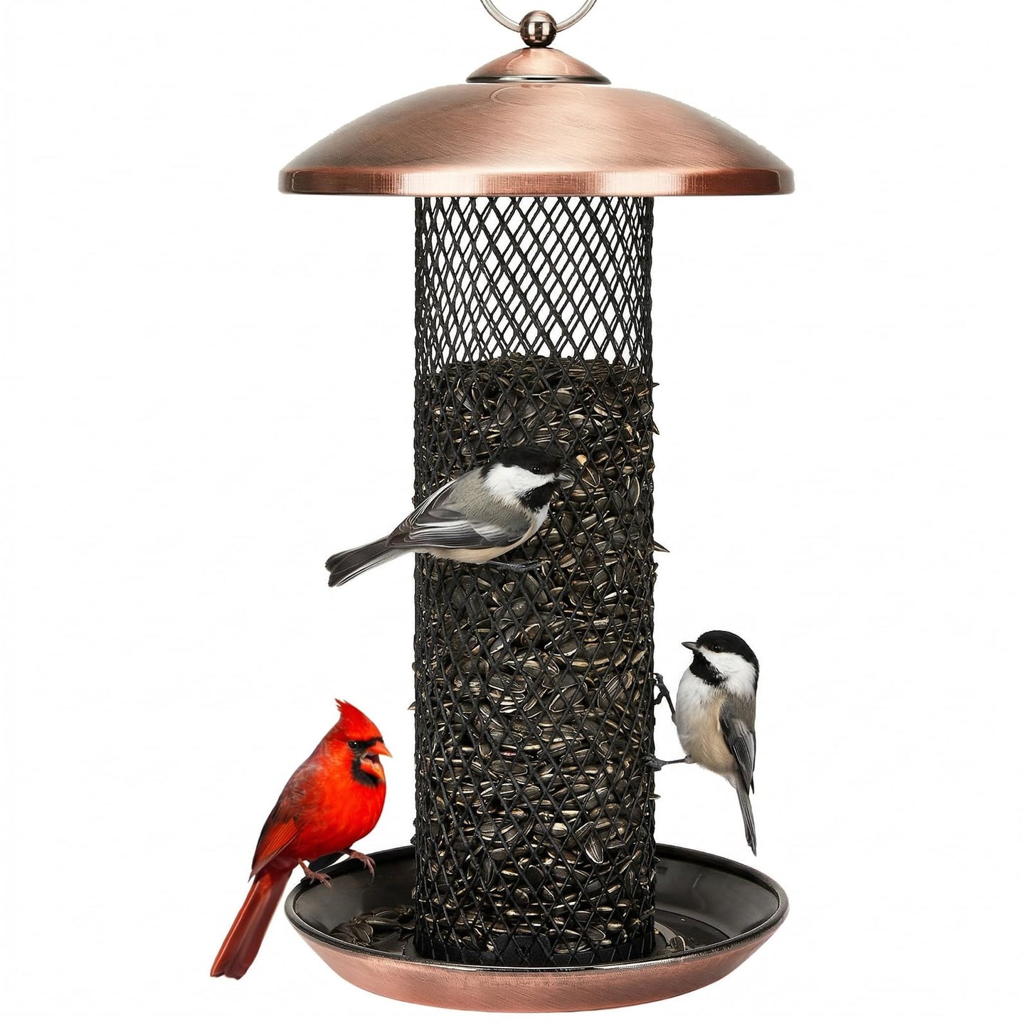 Kingsyard Mesh Tube Bird Feeders for Outdoors Hanging, All Metal, Wild Bird Feeder for Sunflower Seeds or Mealworm, Large Tray & Weatherproof Roof, 2.5 lbs Capacity (Antique Copper)