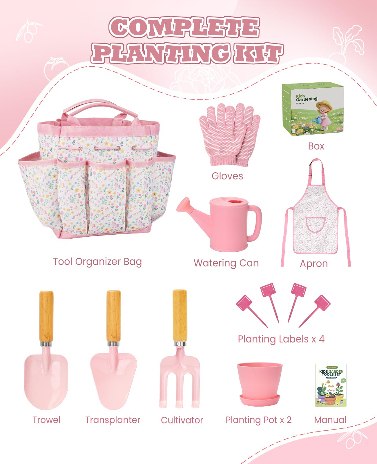 Kids Gardening Set, Gardening Tools Kit for Kids and Toddler, Includes Wooden Rake, Two Shovels, Gloves, Watering Can, Apron, and Tote Bag, Outdoor Toys for Girl Boy, Pink