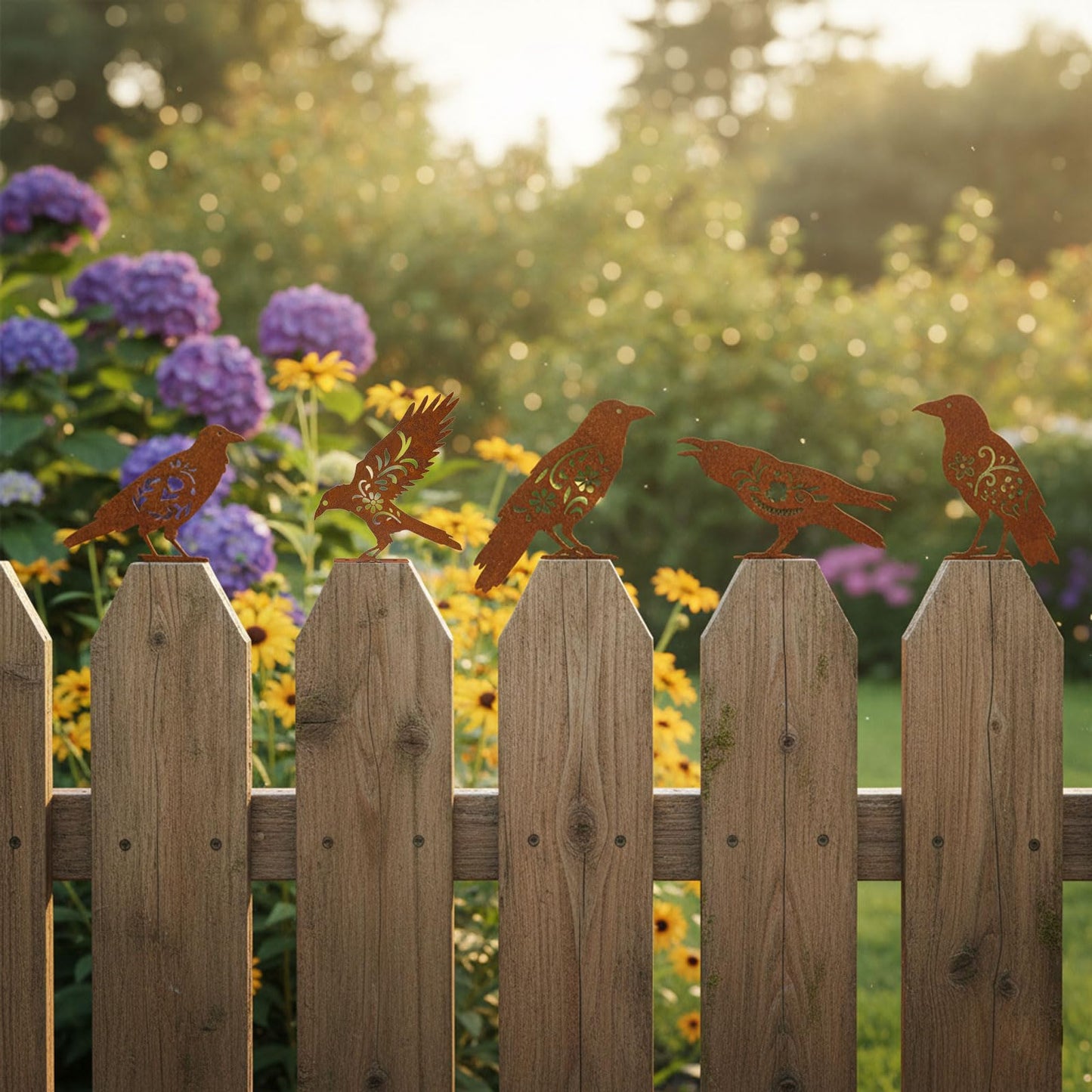 AIM & GGKK Rusty Metal Birds Yard Decor, Set of 5 Metal Bird Silhouette Statues for Garden Fence Yard Art, Rustic Outdoor Garden Sculptures Decorations