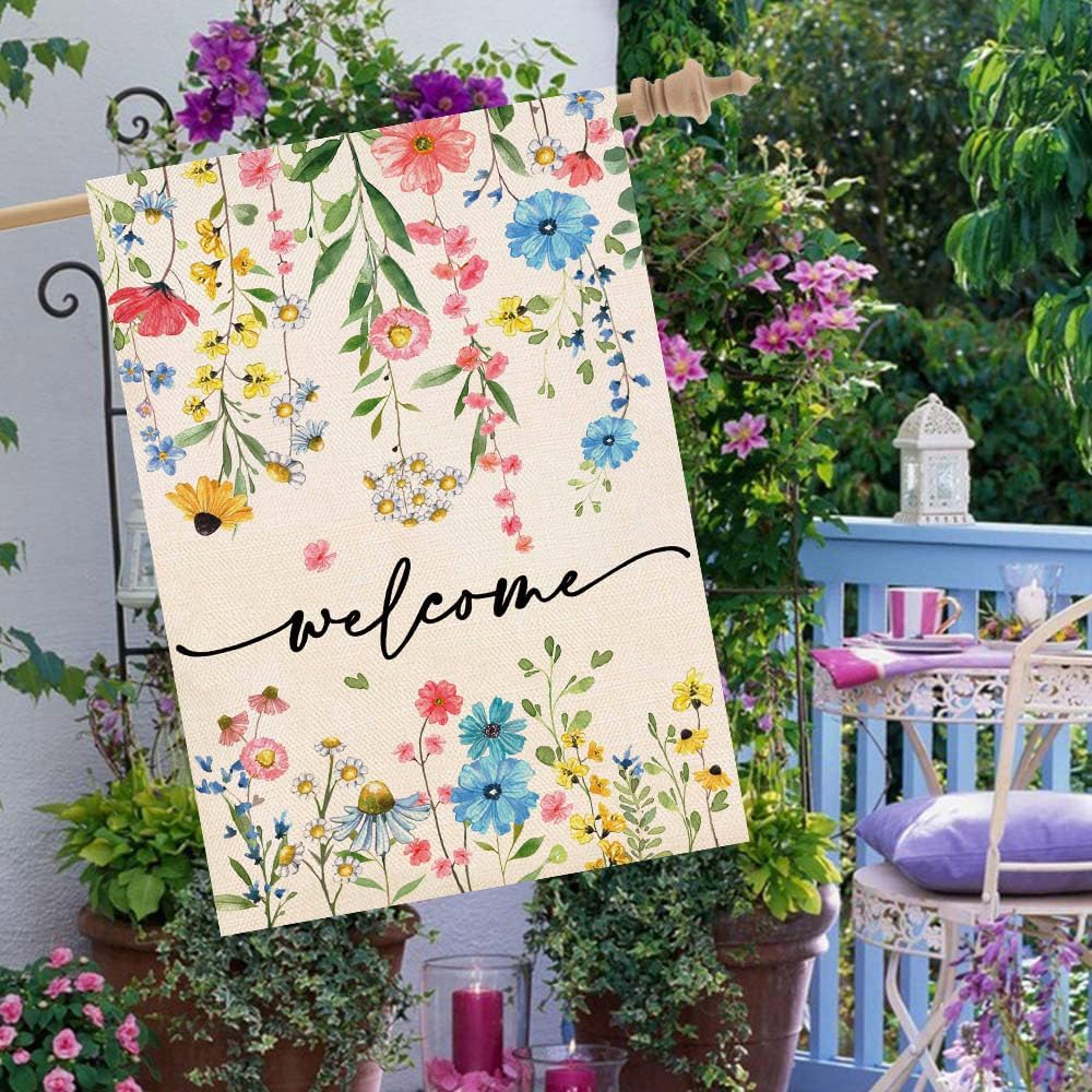 Baccessor Spring Summer Welcome Floral House Flag 28x40 Inch Double Sided Large Yard Flag Outside Outdoor Seasonal Burlap Flowers Flags Home Patio Decoration