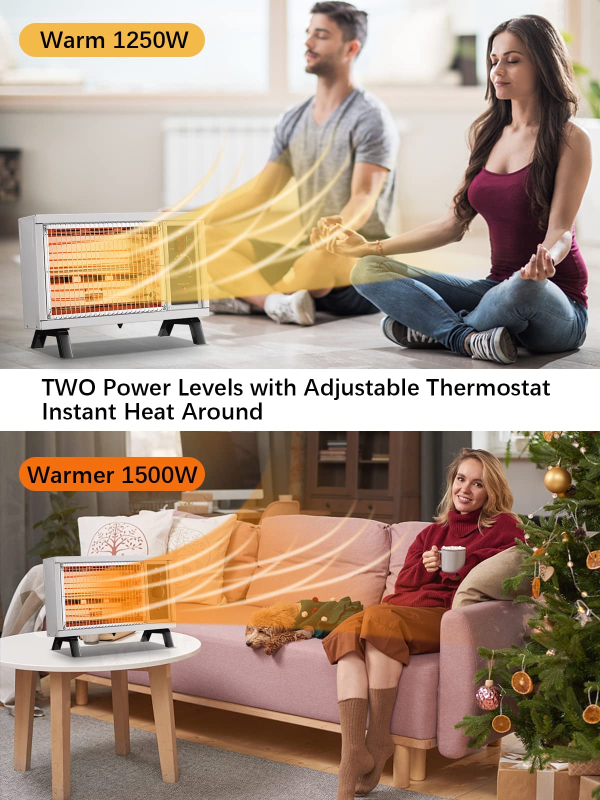 JASUN Radiant Heater Electric Space Heater Fast Heating with Adjustable Thermostat, Portable Indoor Heater with Handle Quiet1250W/1500W for Office Home Garage Bedroom ETL Approved White