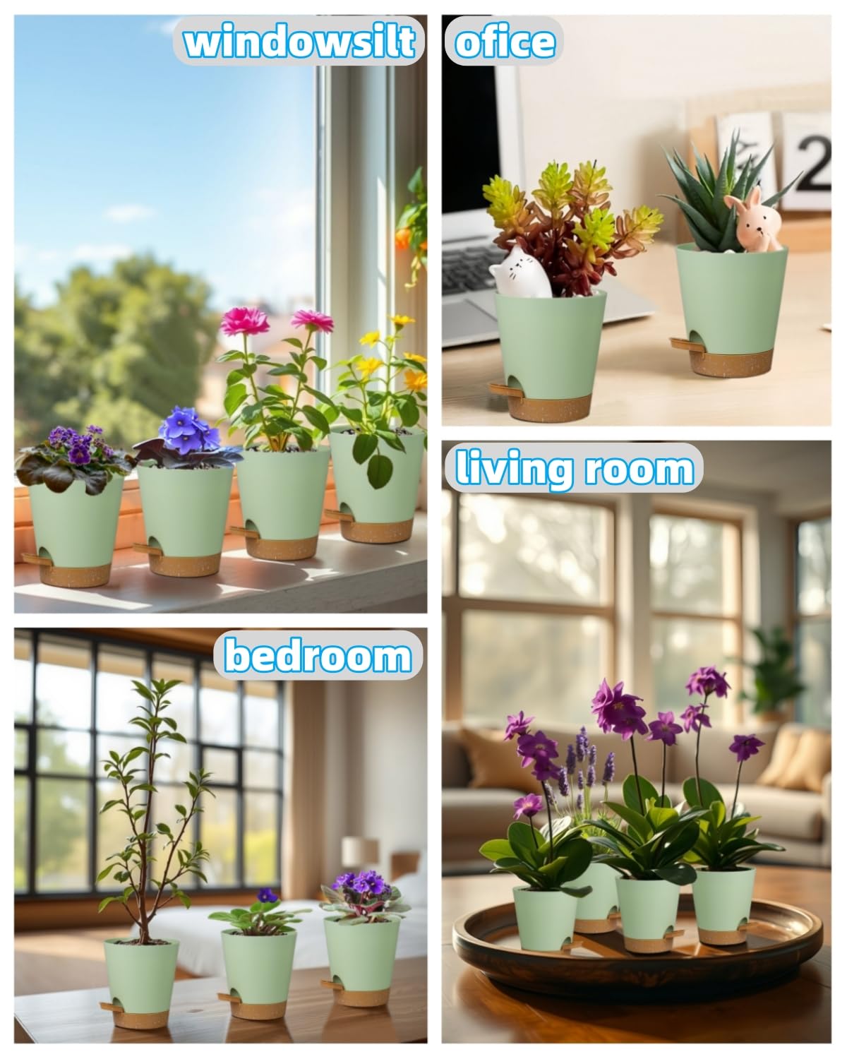 zople 12 Pack 4 Inch Self Watering Plant Pots with Drainage and Saucers，Plastic Flower Pots for Indoor and Outdoor Plants, Nursery Planters for Houseplants and Herbs Green Brown, 4 inch 12pcs