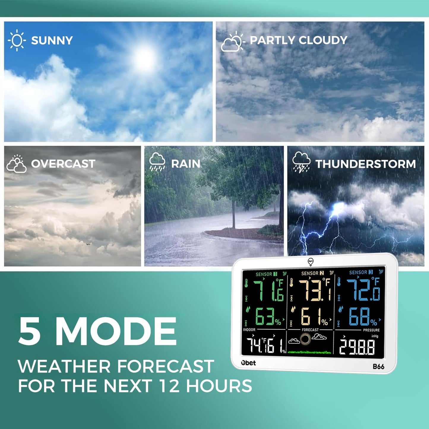 OBET Weather Station Wireless Indoor Outdoor Thermometer with 3 Sensors, Temperature Humidity Monitor with Alerts 500ft Range and 3 Adjustable Brightness White