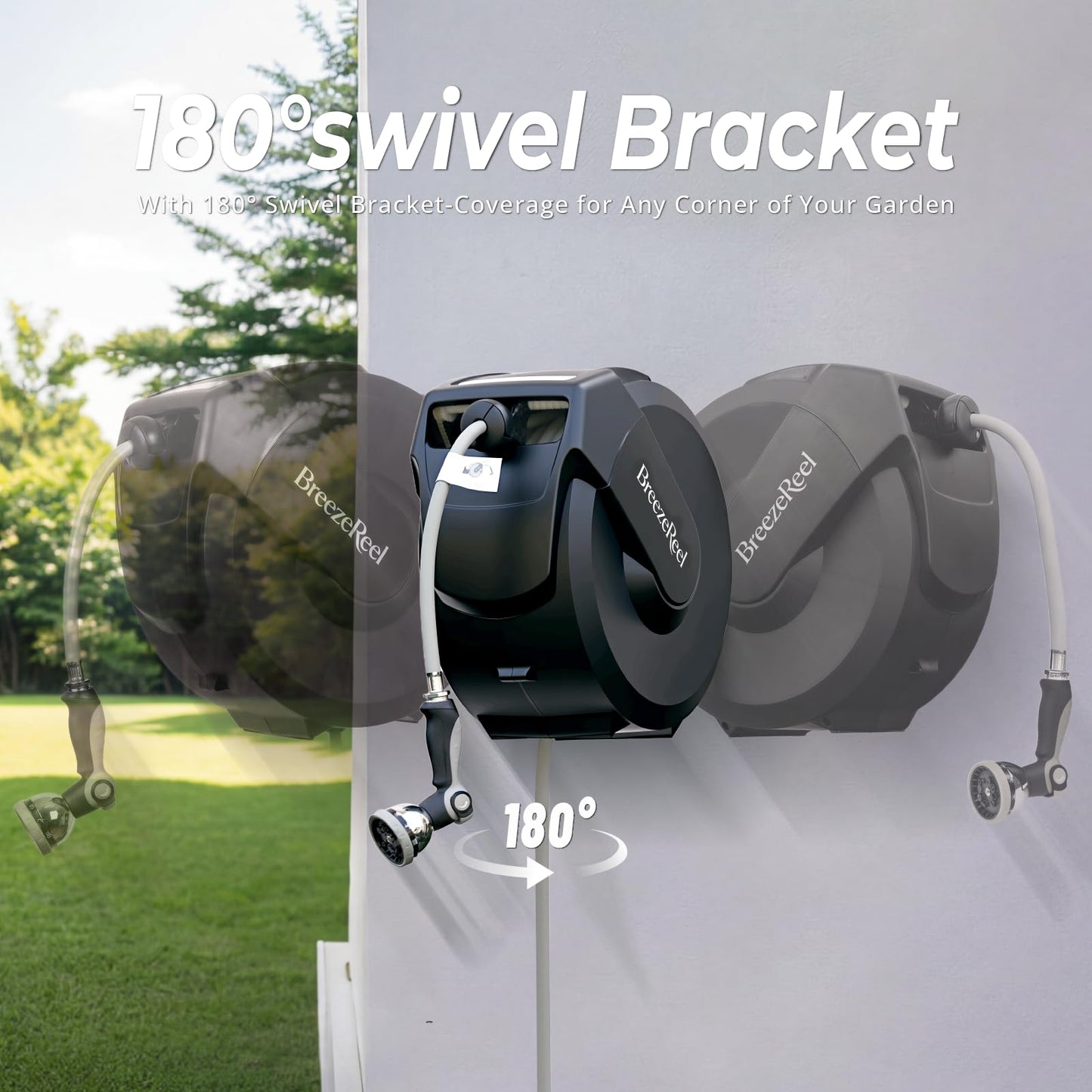 BREEZEREEL Retractable Garden Hose Reel 1/2 inch x 100ft, 3-Ply Reinforced Heavy Duty, Any Length Lock, 180° Swivel Bracket, Slow Return, Auto-Layering, 10 Spray Patterns for Outdoor Watering