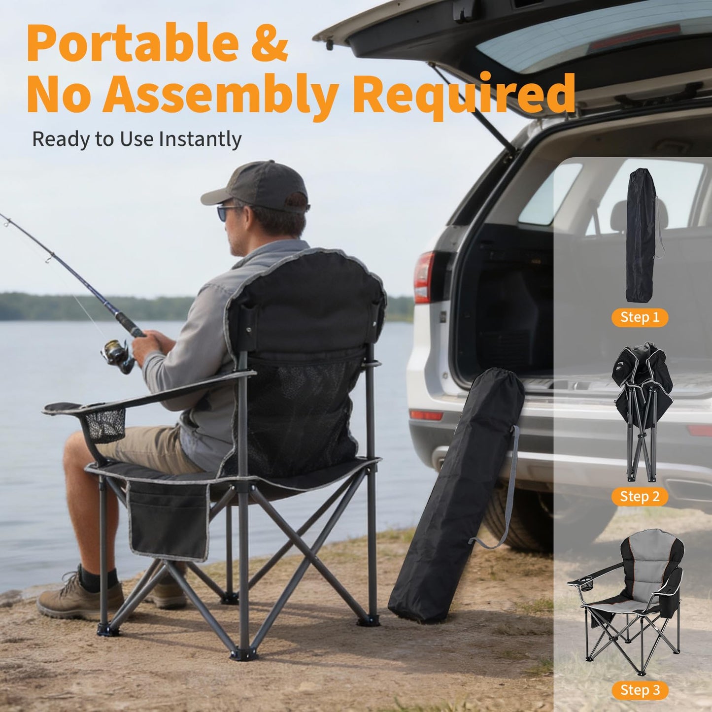 NEWBULIG Oversized Folding Camp Chair for Adults, 500 LBS Heavy Duty Support, Portable Outdoor Collapsible Chairs, with Cup Holders, Side Cooler & Pockets, for Lawn, Beach, Fishing, Hiking, Black