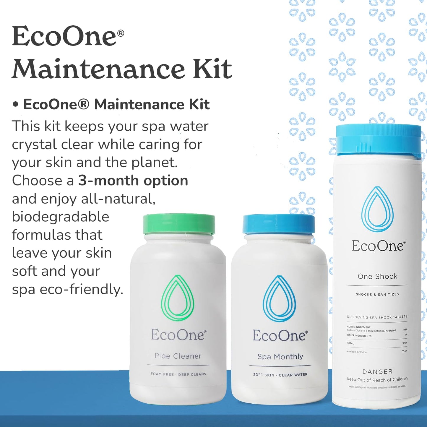 EcoOne Hot Tub Chemical Maintenance & Supply Kit | Spa Shock, Conditioner & Purification Kit | Contains Oneshock Chlorine Granular, SPA Monthly Conditioner & Filter Cleanser | 3 Month Supply