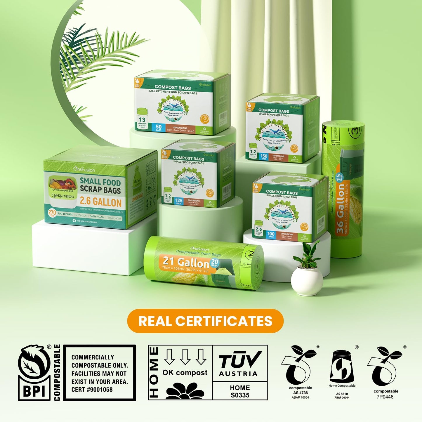 (Include 100+25 Bonus Bags) GreFusion Compostable Bags 1.2-1.6 Gallon,Fits 0.75,1,1.2,1.3,1.8 Gallon Countertop Bin,Certified by BPI,ASTM D6400 and OK Compost,125Count (100 + 25 Extra)