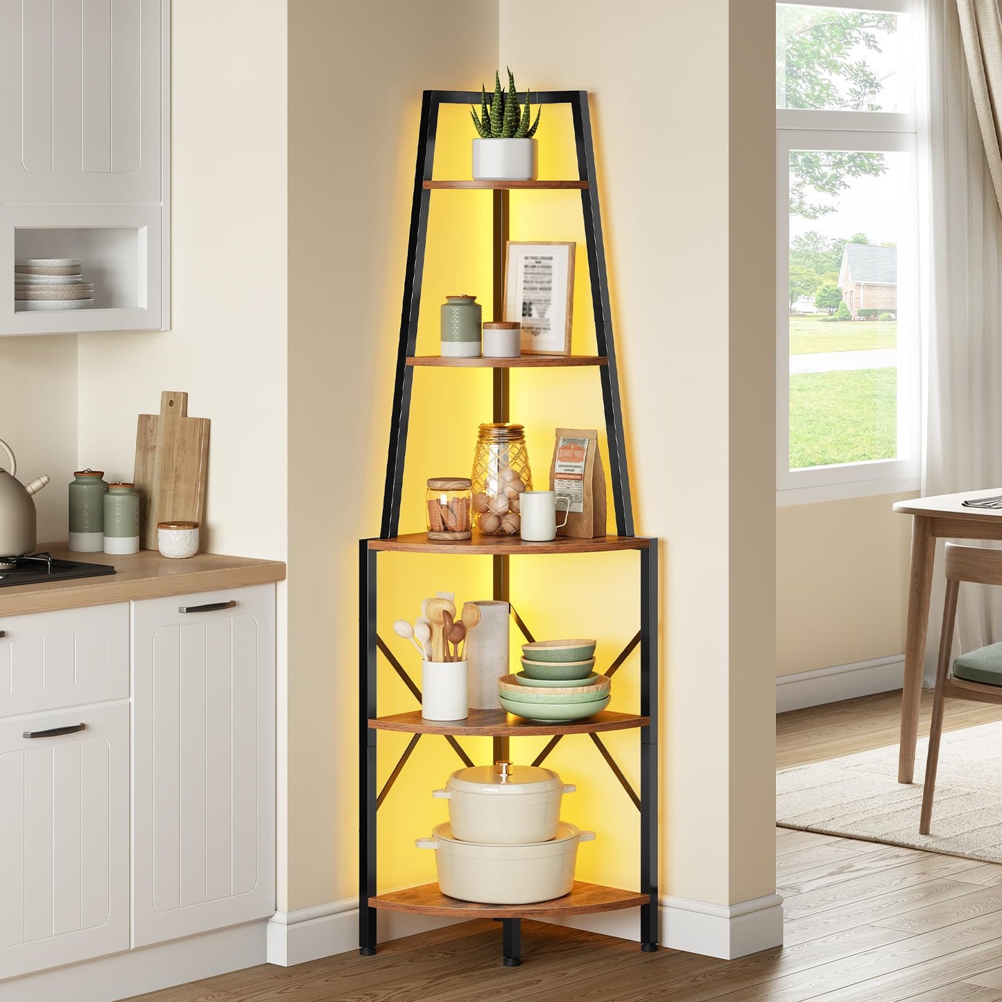 HOOBRO 5-Tier Corner Shelf with Lights, 67.9” Tall Corner Shelf Stand, Industrial Corner Bookshelf, Corner Plant Stand Display Shelf, for Living Room, Kitchen, Home Office, Rustic Brown BF120DCJ01