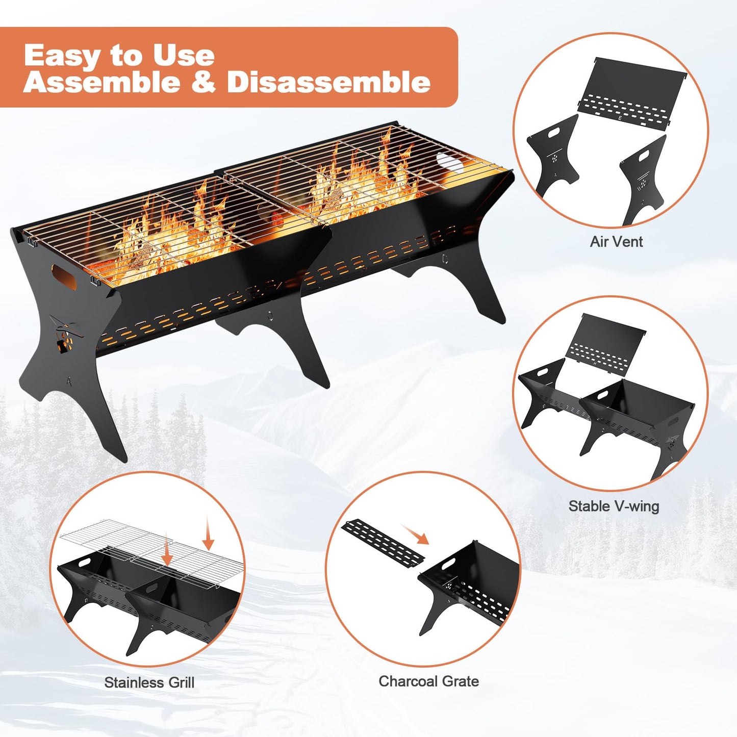 Bearfire Camping Campfire Grill 2 Packs | Portable Folding Charcoal Grills, Backpacking & BBQ Grill, Heavy Duty Firepit Grate Grill with Carry Bag for Outdoor Cooking, Bonfire, Patio, Backyard-31 Inch