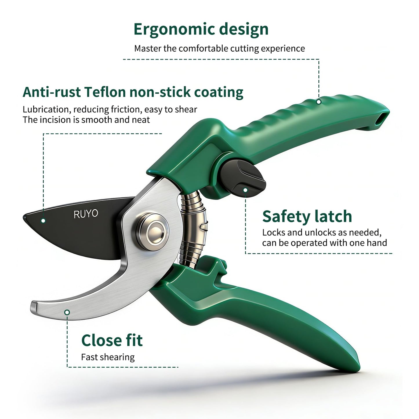 Bypass Pruning Shears, 3/8-Inch Cut Capacity Garden Clippers, Gardening Scissors with Sharp, Rust Resistant Steel Blade (Green, 3/8'')