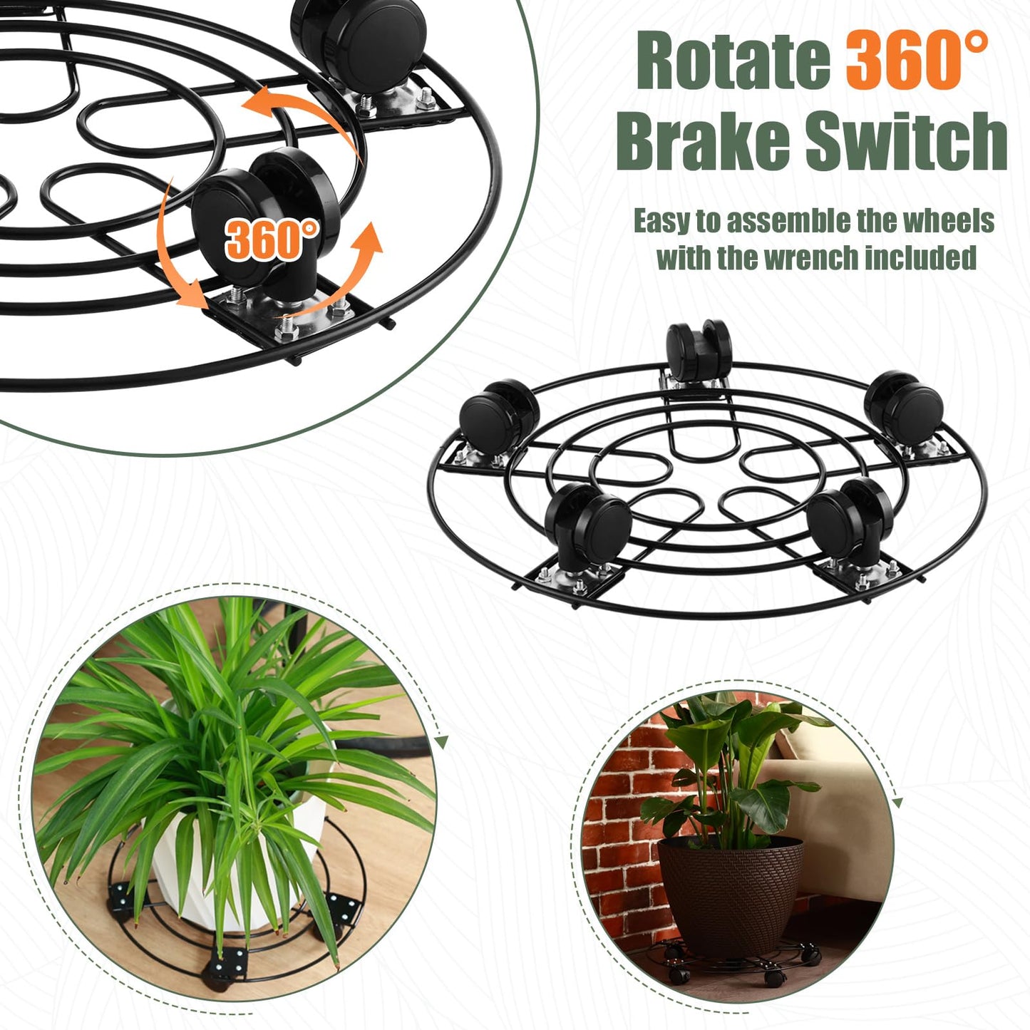 3 Packs 13.5" Large Metal Plant Caddy with Wheels Iron Metal Rolling Plant Stands Heavy-duty Plant Roller Base Pot Movers Indoor Outdoor Plant Dolly with 5 Casters Plant Trolley Coaster Holder