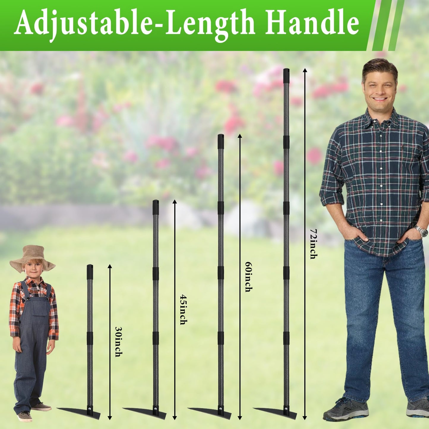 CALCHELE Garden Hoe, Heavy Duty Trenching Hoes with Adjustable Long Handle 30-72 Inch, Sharp Edge Triangle Weeding Hoe Garden Tools for Weeds Removal,Cultivating,Digging,Loosen Soil, Trenching