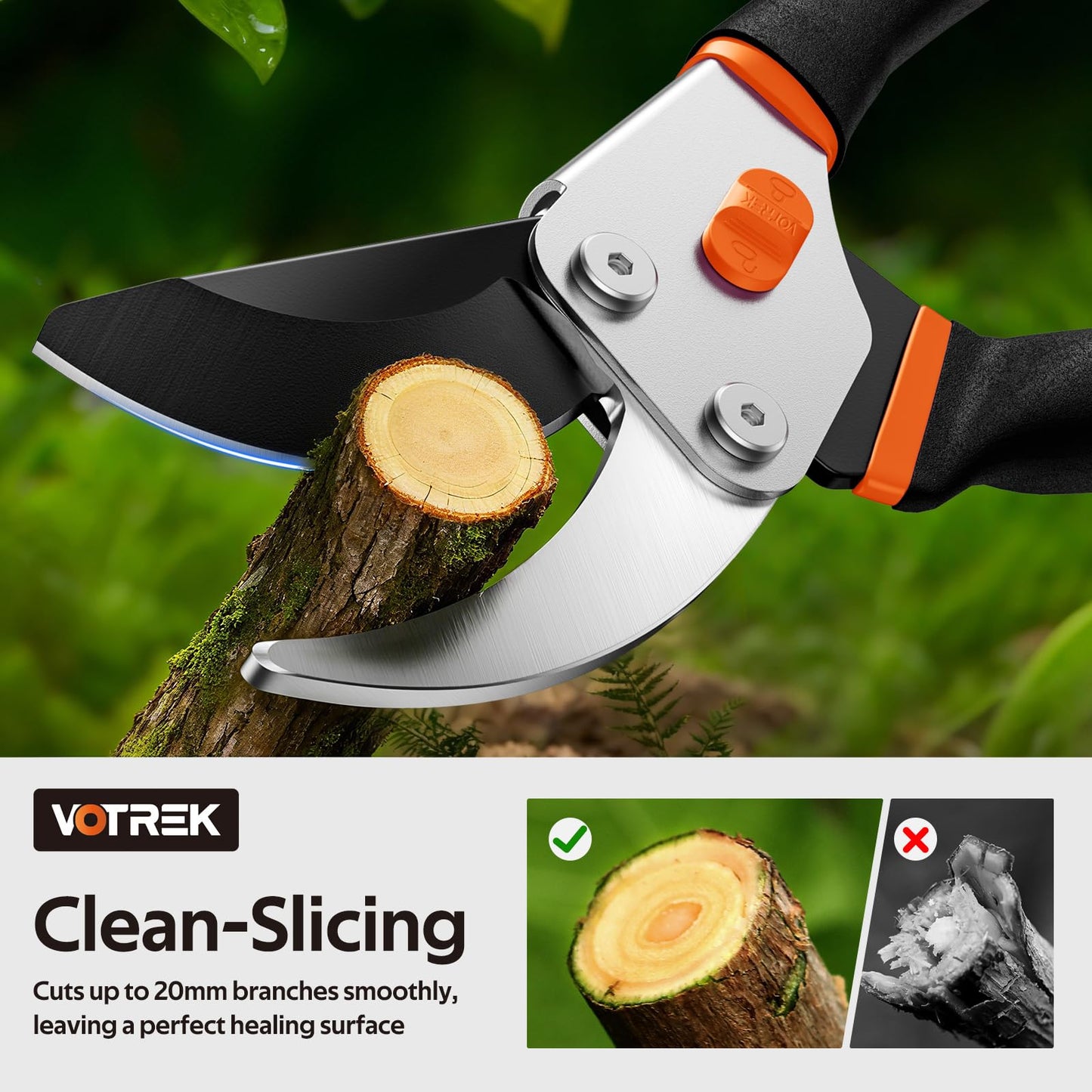 VOTREK® Pruning Shears, 8.5” Professional Garden Pruner with Jam-Proof Spring & Ever-Sharp SK5 Blade, Ergonomic Bypass Clippers for Rose, Tree Trimming, Heavy Duty Bonsai Scissor for Weak Hand