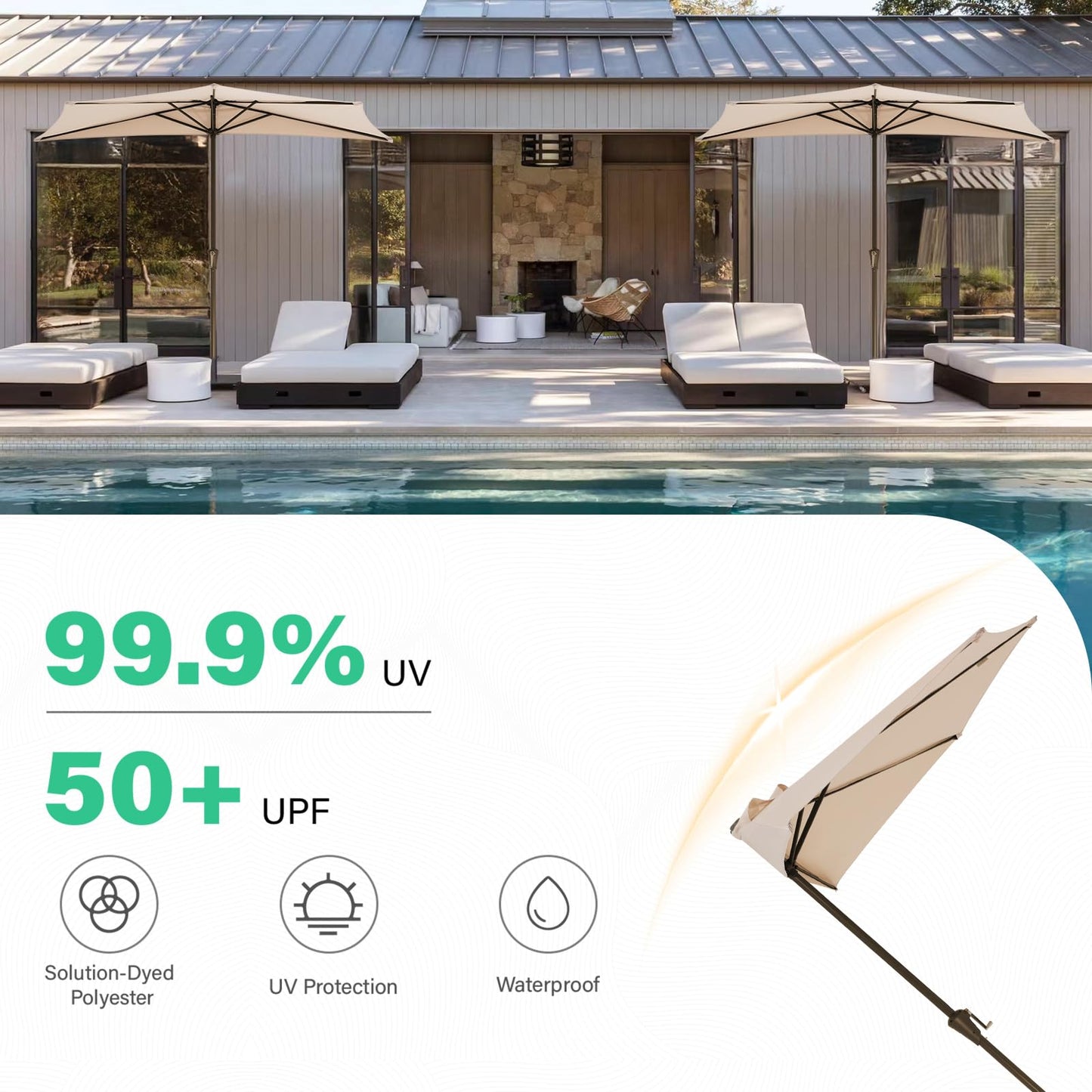 JEAREY 9ft Half Umbrella Outdoor Patio Umbrella Market Umbrellas with Crank, 1/2 Round Wall Umbrella 5 Sturdy Ribs UV Protection for Pool Garden Balcony Deck, Beige