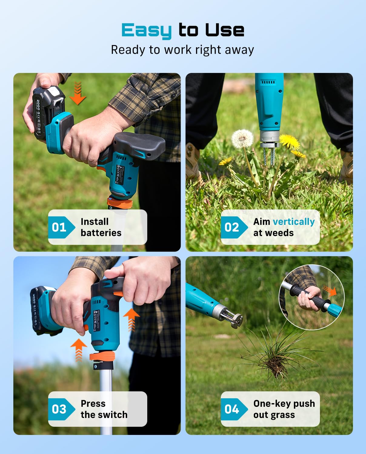 SEESII Stand-Up Weed Puller Tool with 40"-47" Adjustable Handle, High-Power 3-Claw Stainless Steel Spiral, 4S Deep Root Removal, One-Button Eject, Dandelion Remover & Crabgrass Puller for Garden