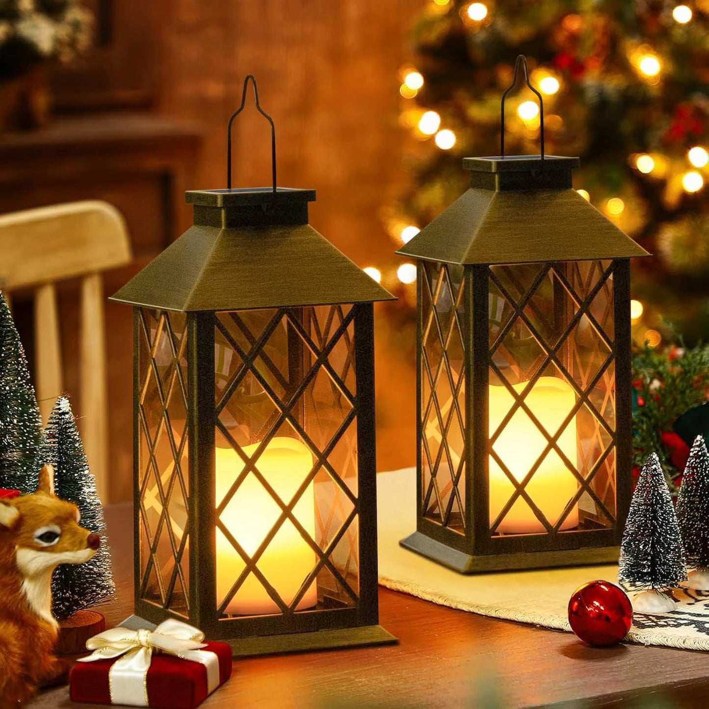 TAKE ME 14" Solar Lanterns Outdoor Waterproof Garden Lanterns Flameless Candle Mission Lights for Table,Outdoor,Party Mothers Day Gifts ( 2 Packs Brush-Painted Antique Bronze Color)