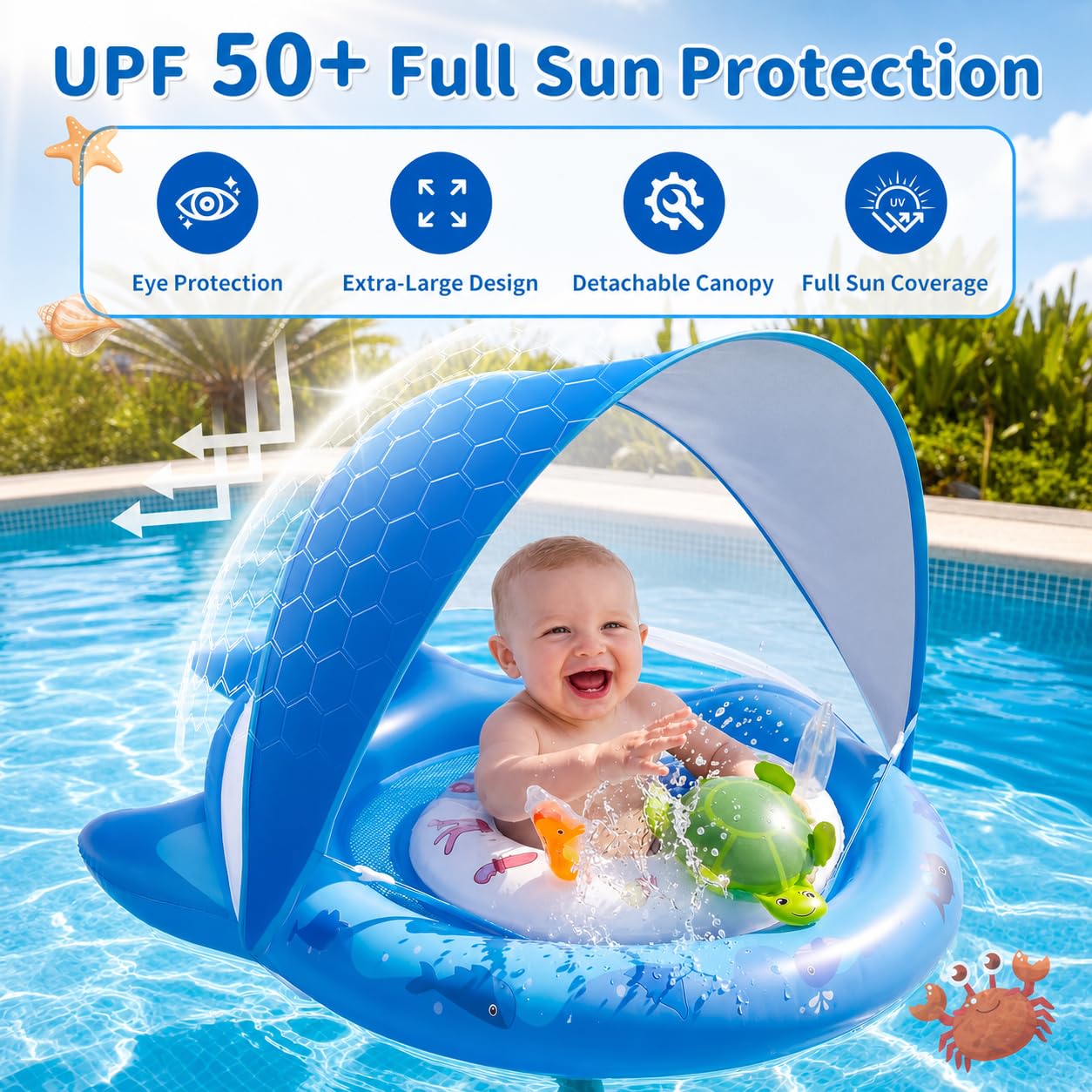 Inflatable Baby Pool Float with Sun Canopy, UPF50 Sun Protection, Portable & Easy to Store, Padded Safety Seat with, Includes Air Pump, with Toys Baby Swim Float for 6-36 Months Boys & Girls(Blue)