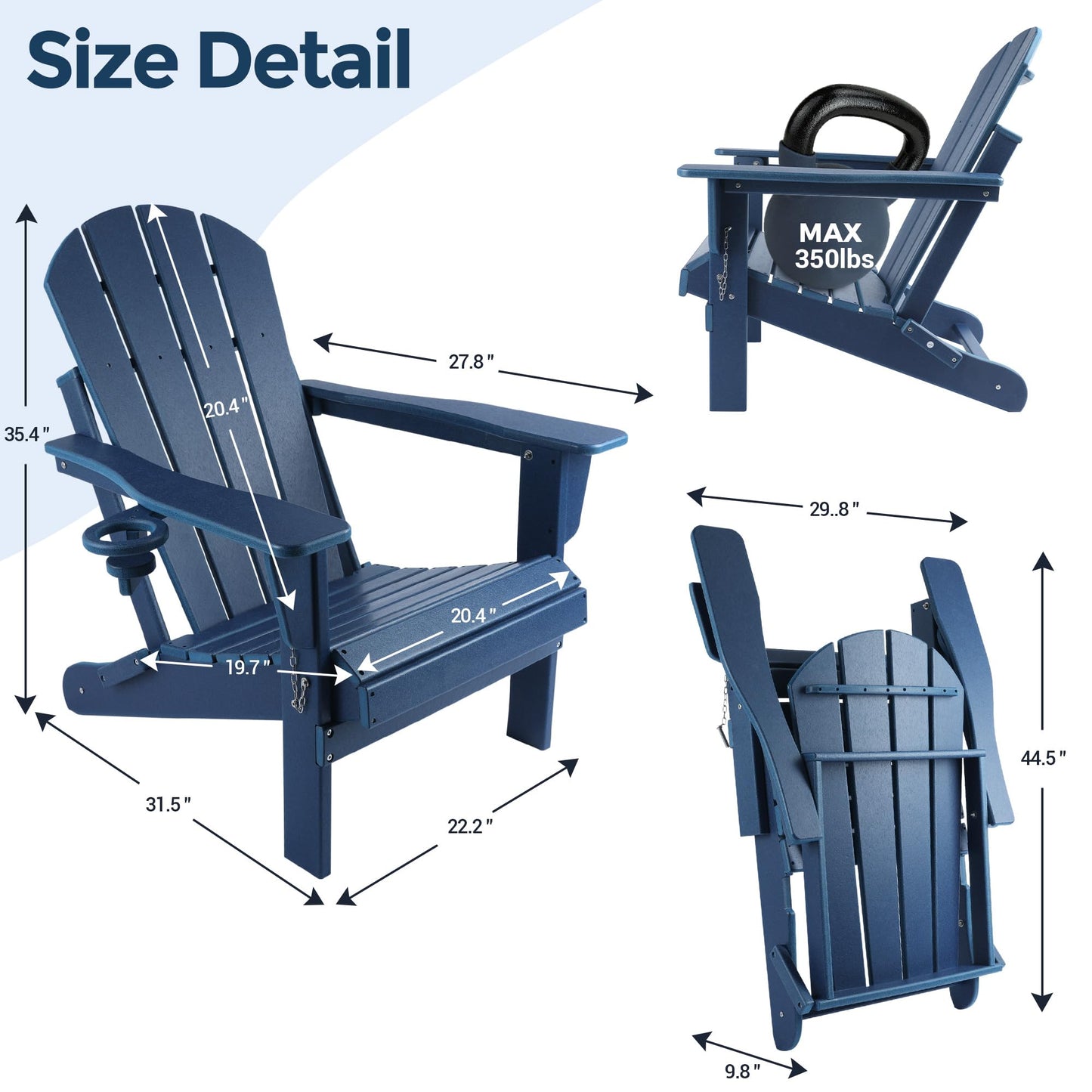 Magpie Fabrics Foldable Adirondack Chair with Cup Holder, HDPE Weather Resistant Oversize Outdoor Chair, Widely Used in Patio, Fire Pit, Deck, Porch, Garden, Campfire (Navy Blue)
