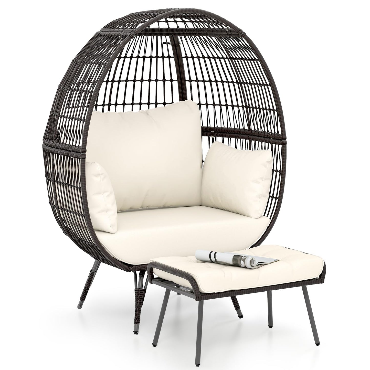 Tangkula Oversized Wicker Egg Chair with Ottoman, Patio Lounge Basket with 5 Soft Cushions, Stable Metal Frame, Gorgeous Indoor Outdoor Lounge Chair, Ideal for Living Room, Backyard, 450 LBS Max Load