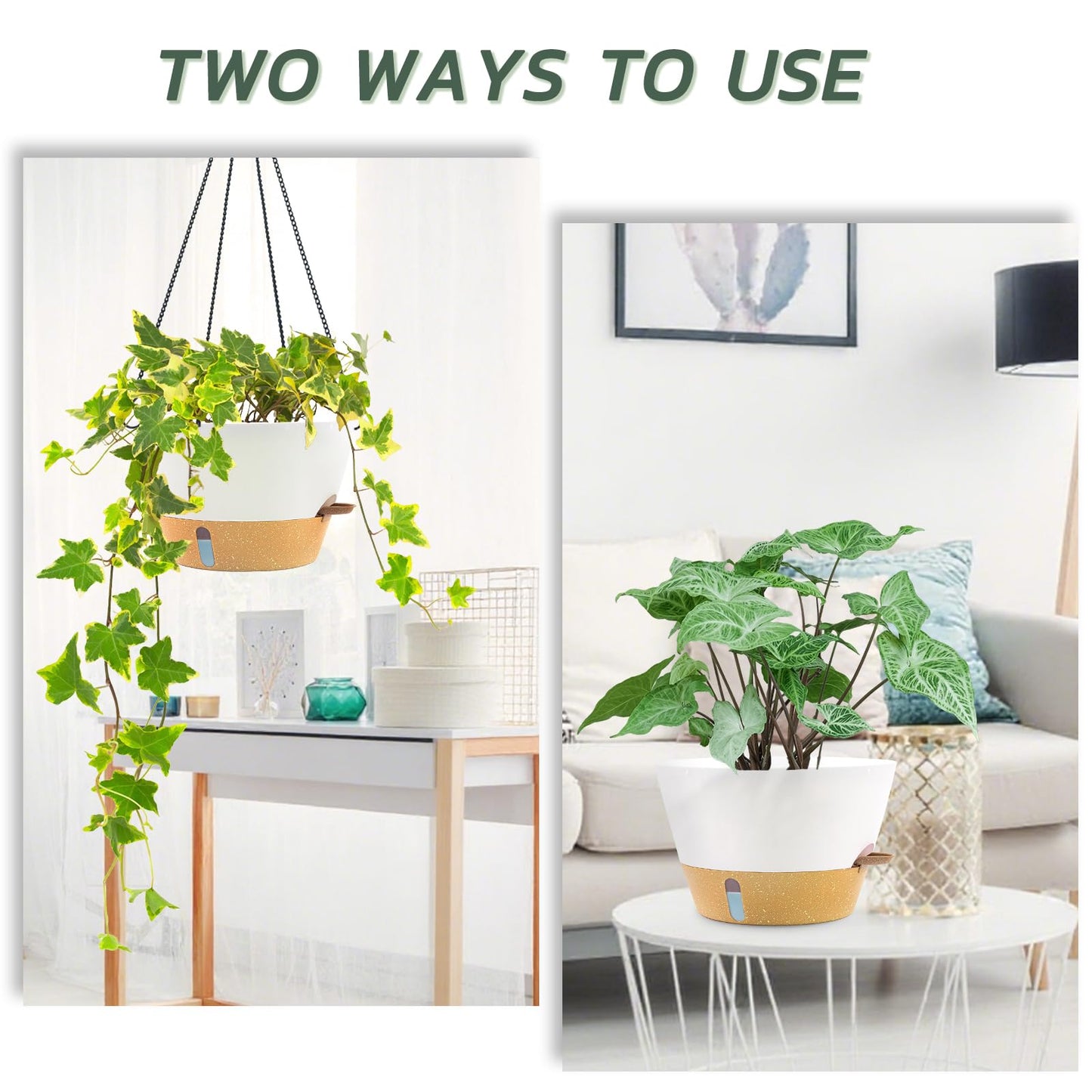 ZMTECH 12 Inch Hanging Planters for Indoor Plants, Modern White Self Watering Hanging Planter with Visible Water Level Window & Chain, Large Flower Pots for Outdoor Patio Decor