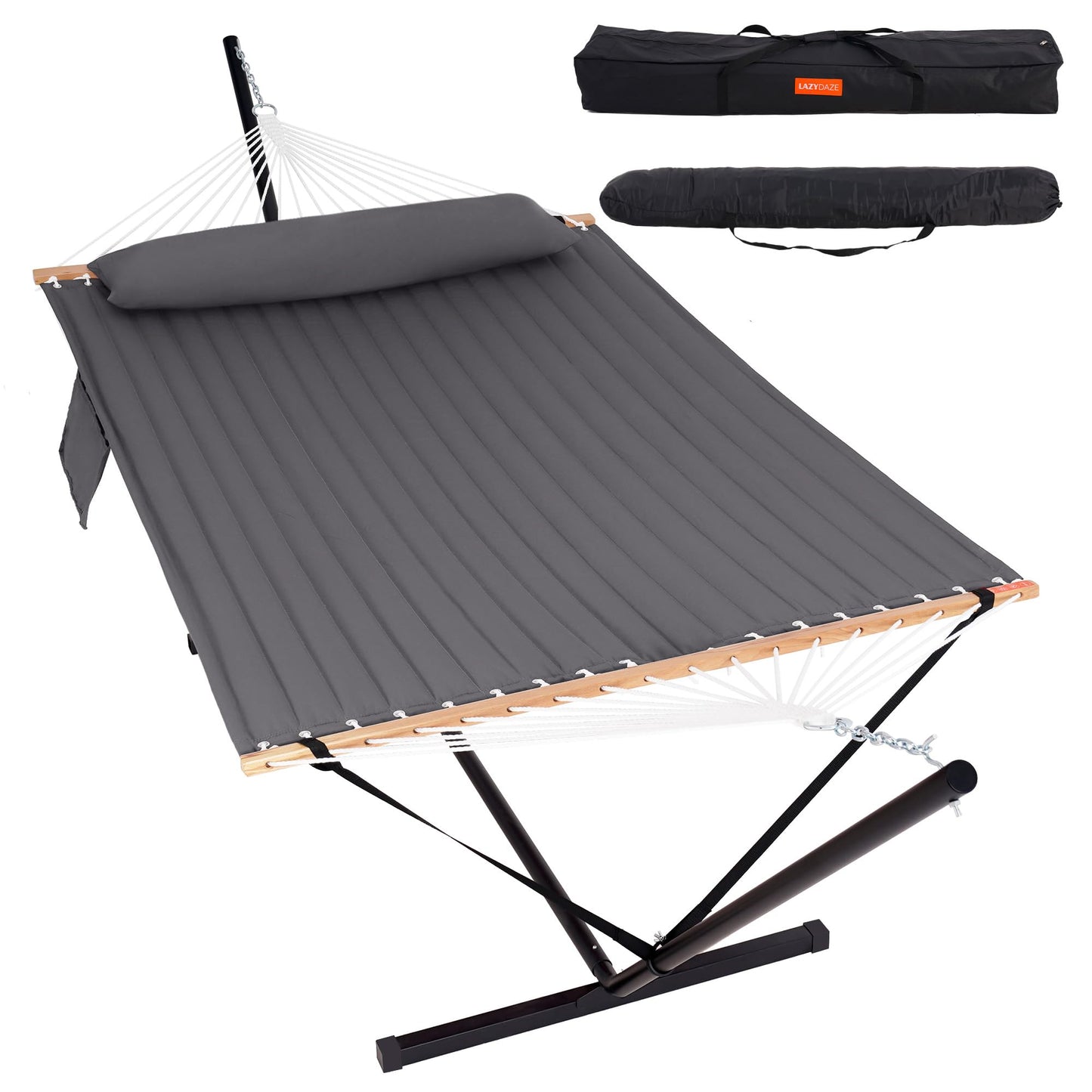 Lazy Daze Hammocks 2 Person Portable Hammock with 12FT Stand for Outside, 10.5FT Quilted Double Hammock with Spreader Bar and Detachable Pillow, 450lbs Capacity for Outdoor Patio, Grey
