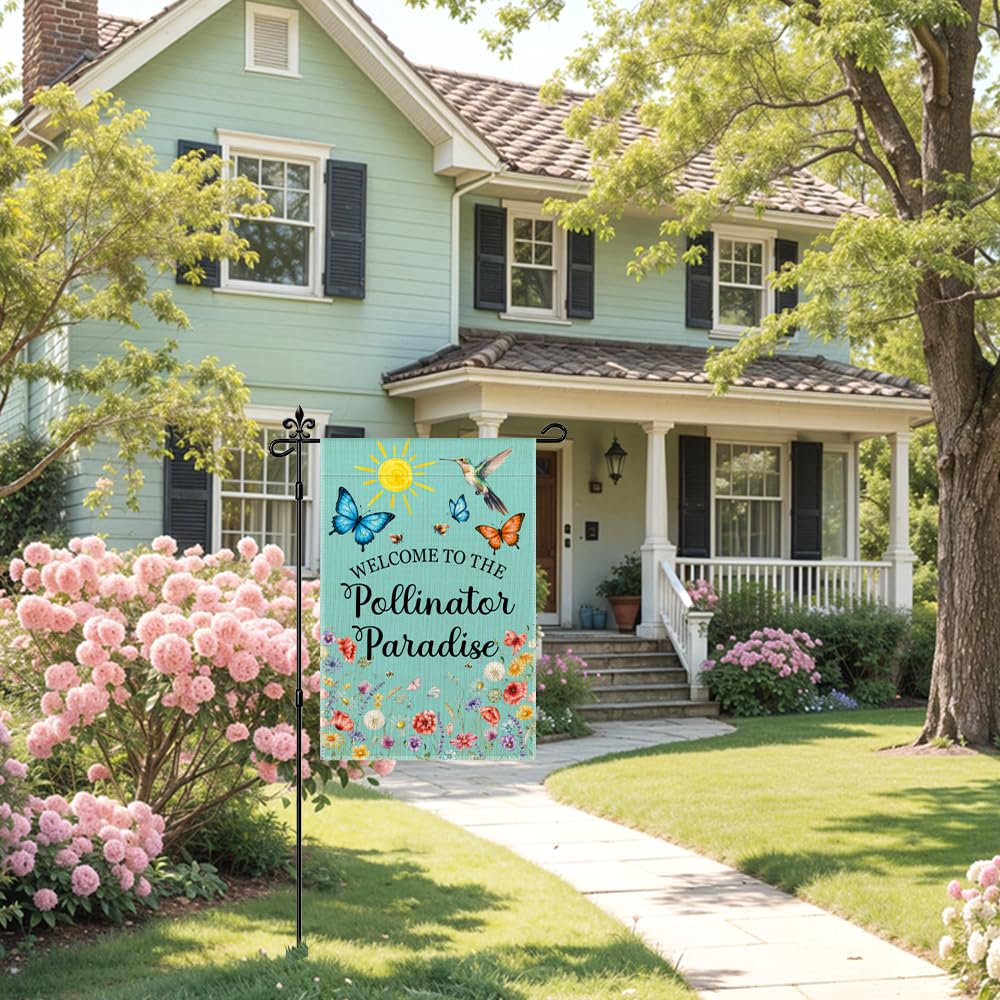 JQYCJTR Welcome To The Pollinator Paradise Garden Flag Double Sided Yard Outdoor Decoration 12x18 Inch, Birds And Plants Welcome Yard Garden Flag, Gardener's Lover Porch Decoration Banner