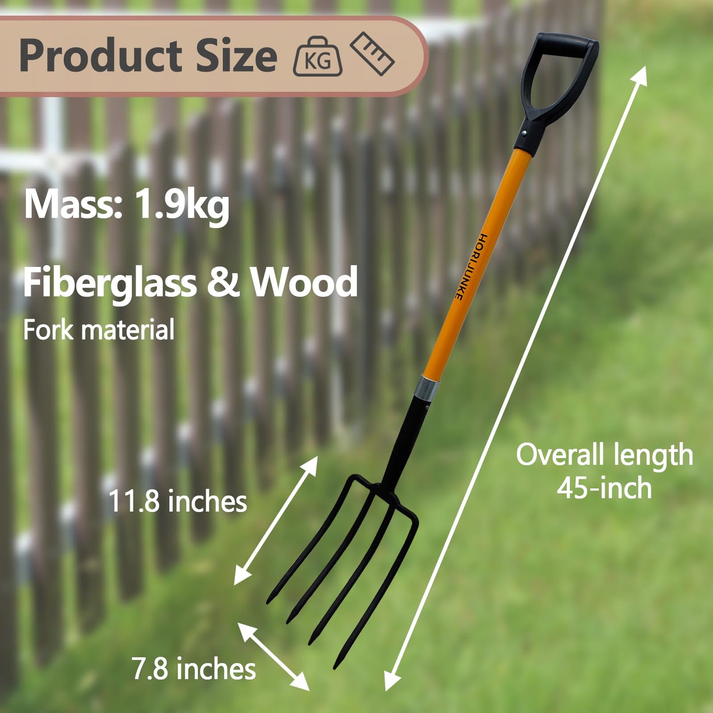 HORIJUNKE Garden Fork, 4-Tines Pitchforks,45-Inch Pitchfork for Gardening,Fiberglass Digging Fork Pole, D-Handle
