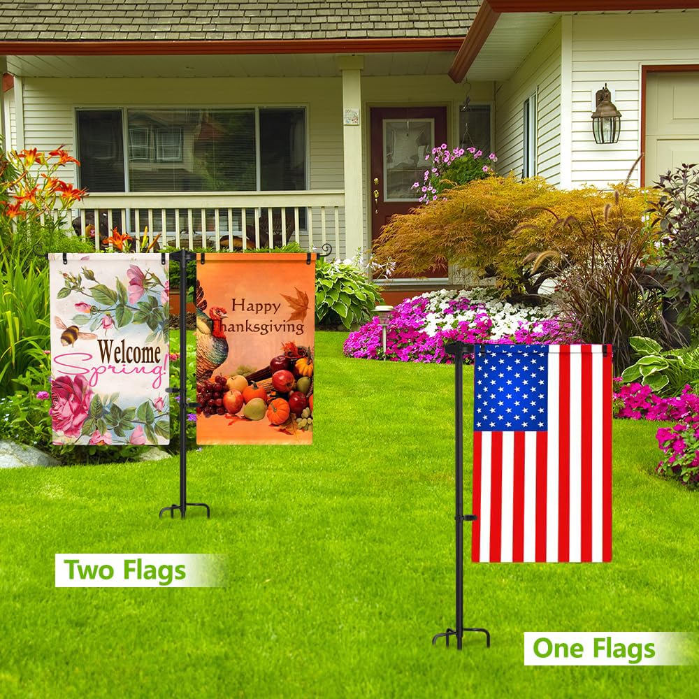 SCWN Garden Flag Stand Holder w/4-Prong Base, 3/4 Inch Extra Thick Heavy Duty Yard Flag Holder for Double Small Flags 12x18, Garden Flag Pole for Outside Patio Decor