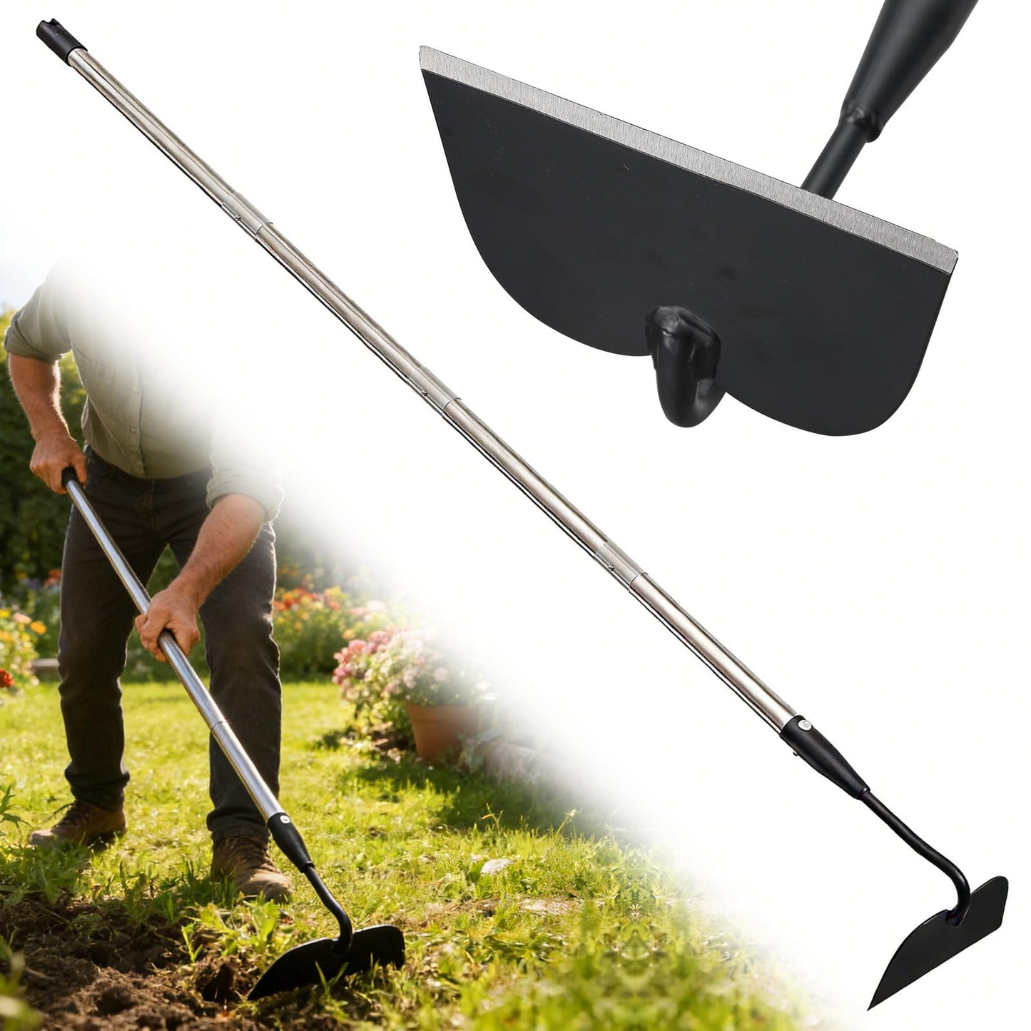 Garden Hoe for Weeding, Heavy Duty Draw Hoe Garden Tool for Plowing,Cultivating,Trenching, Ridging,Tilling Loosening Soil,Scraping Weeder with 60” Handle for Stand Gardening, Reduce Back Strain