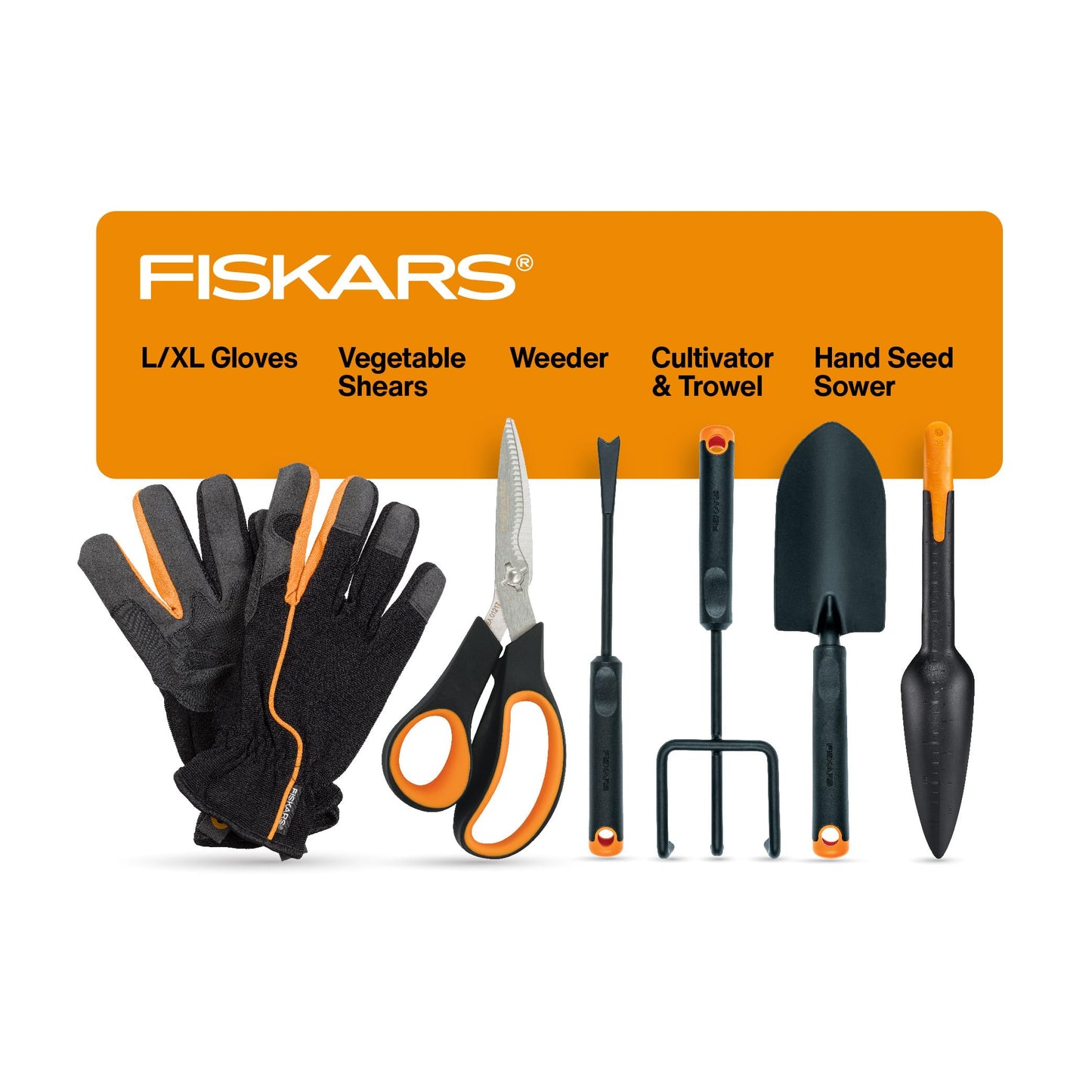Fiskars Vegetable Gardening Essentials 6-Piece Tool Set for Cultivating, Serrated Stainless Steel Shears & 4-in-1 Seed Sower for Planting, Rust-Resistant Steel Trowel, Cultivator, Weeder, L/XL Gloves