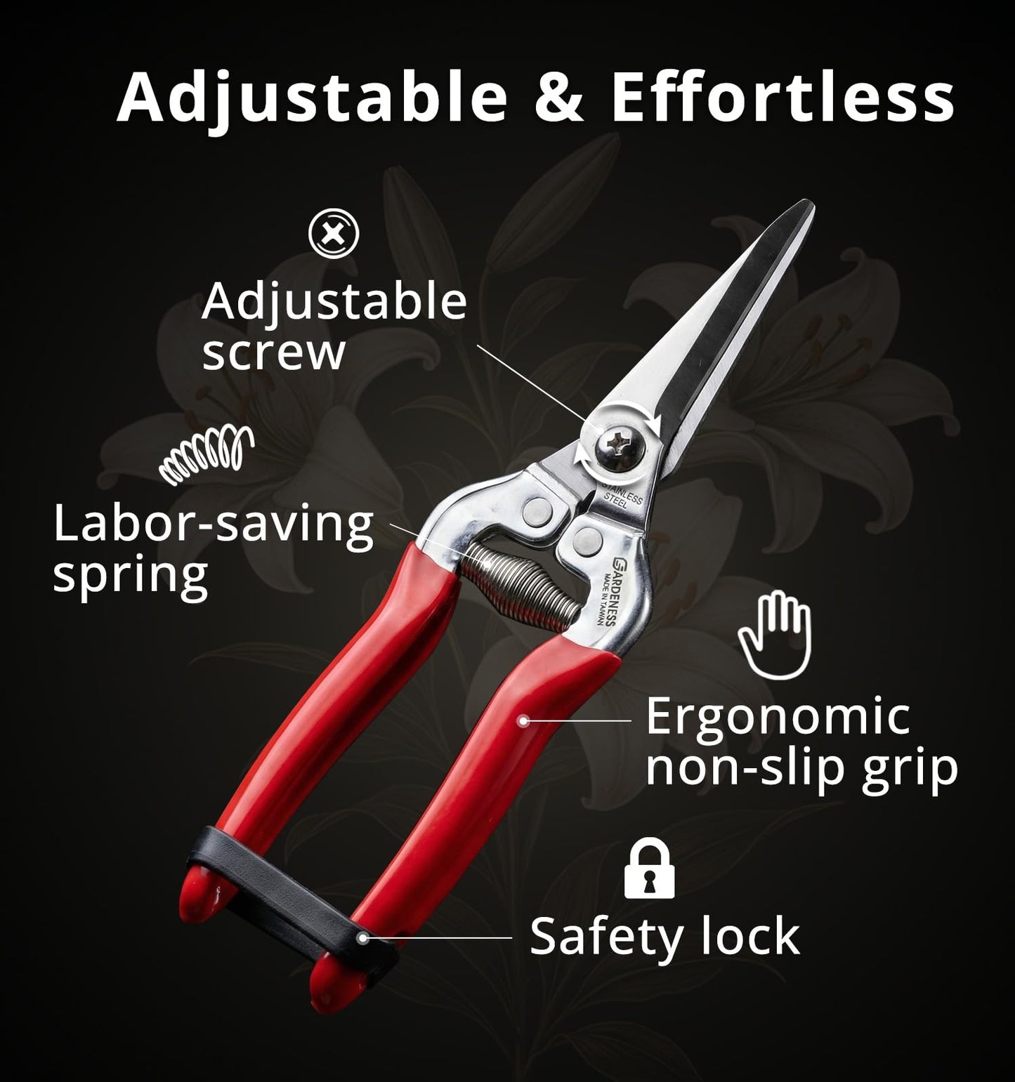 Gardeness Stainless Steel Pruning Snips with Serrated Blade, Adjustable Joint Screw Micro-Tip Garden Scissors for Harvesting Herbs, Fruit, and Floral Arranging, Corrosion-Resistant & Made in Taiwan