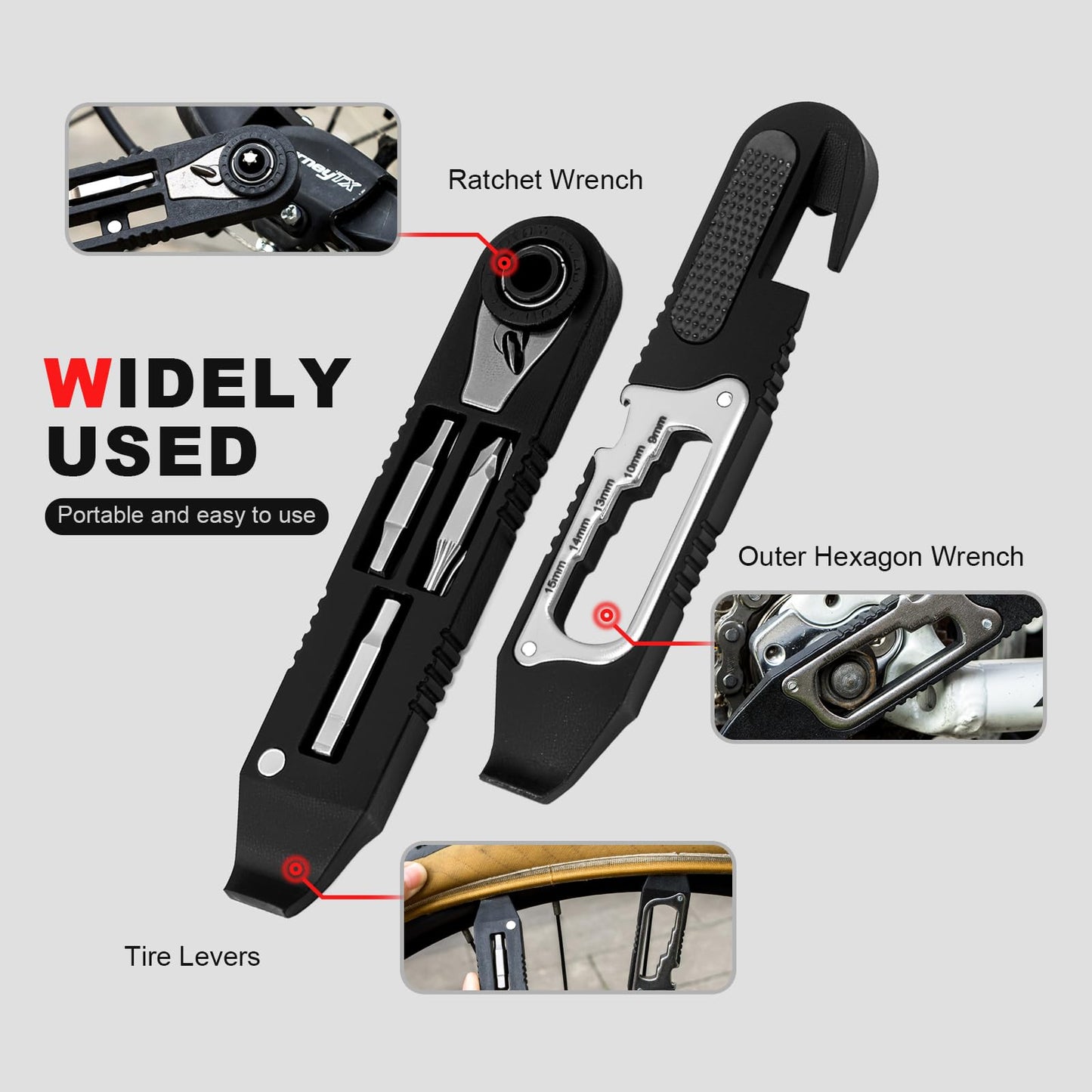 EMERK Bike Tire Levers Kit - 14 in 1 Portable Bike Multitool with Mini Ratchet Wrench, Bike Tire Levers, Cone Wrenches & File Blade for MTB, Road Bicycle