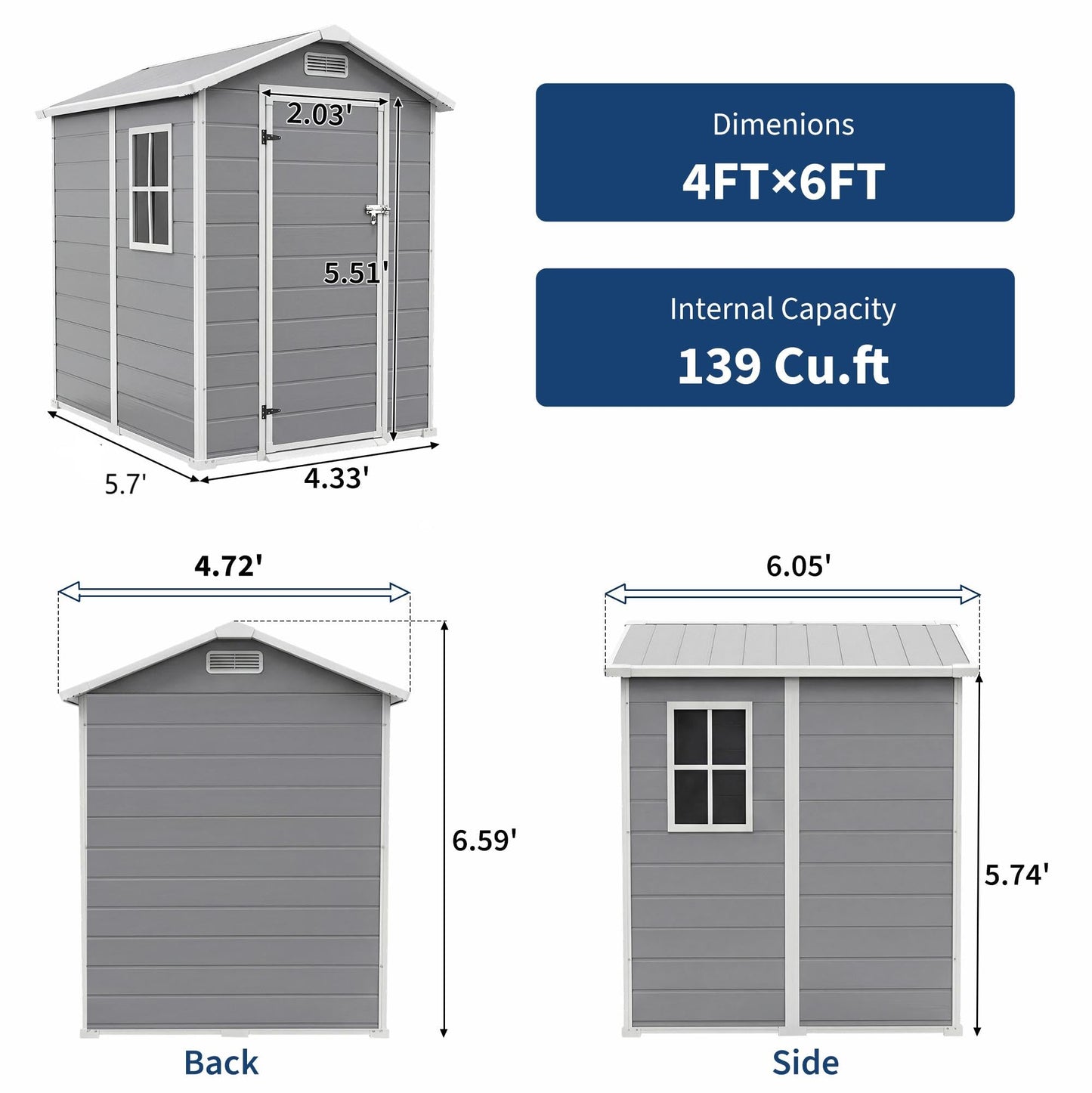 4x6 ft Outdoor Storage Shed with Floor, Plastic Resin Garden Shed with Window & Lockable Door, Tool Shed for Patio, Backyard, Lawn Mower, Bike Storage