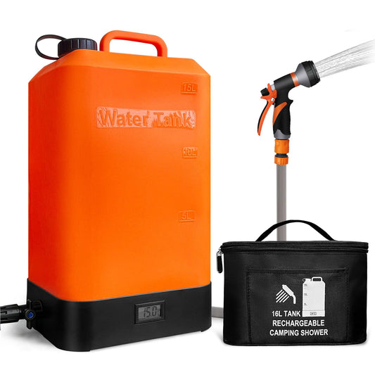 AZXJC 4.5 gallon/16L Silicone Water Tank,Portable Outdoor Shower,Electric Shower,8 Types of Multifunctional Shower Heads,Using Solar Heating Temperature Display,Suitable for Camping,Beach,and Hiking