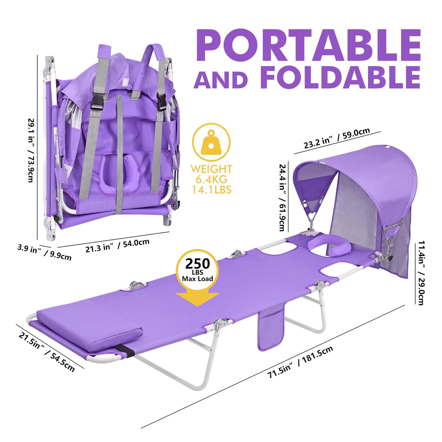 Backpack Beach Tanning Chair with Canopy Sun Shade & Face Hole, 6 Position Folding Lounge Sun Chair for Adults Outside Reading Sunbathing Poolside Camping Lawn, UPF 50+, Patent Design