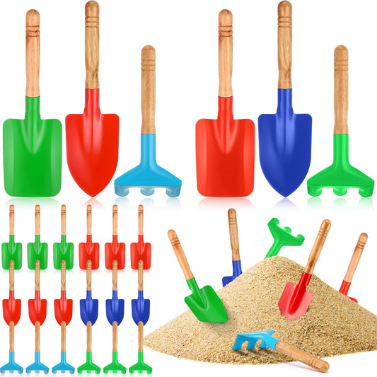 Gisafai 24 Pcs Kids Gardening Tools Set Metal Kids Garden Tools with Sturdy Wooden Handle Safe Toddler Gardening Set Shovel and Rake for Summer Beach Camping Outdoor Digging Sand Play
