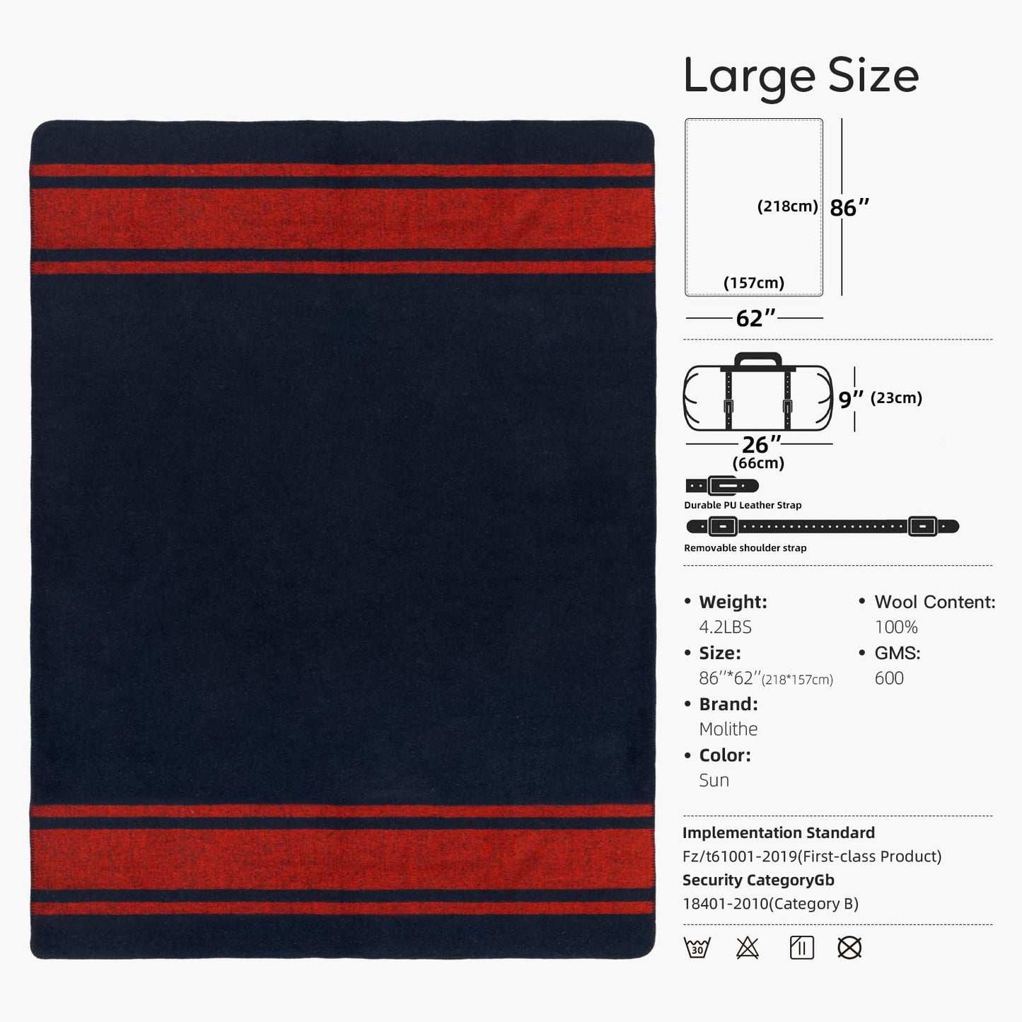 Molithe 100% Wool Blanket, 62" x 86", Warm, Thick, Washable, Military Wool Blanket, Great for Camping, Outdoors, Sporting Events, Survival Kits