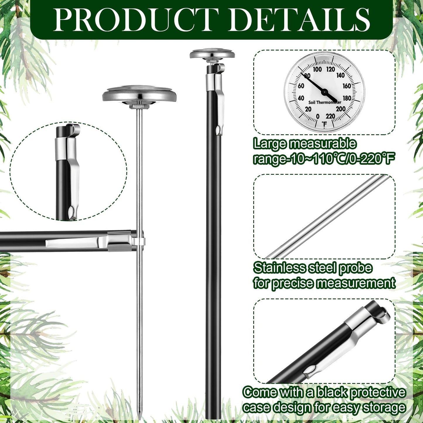 Copkim 2 Pieces Stainless Steel Soil Thermometer 7.5 Inch Stem 0-220 Degrees Fahrenheit Range Soil Temperature Thermometer for Ground, Compost, Garden