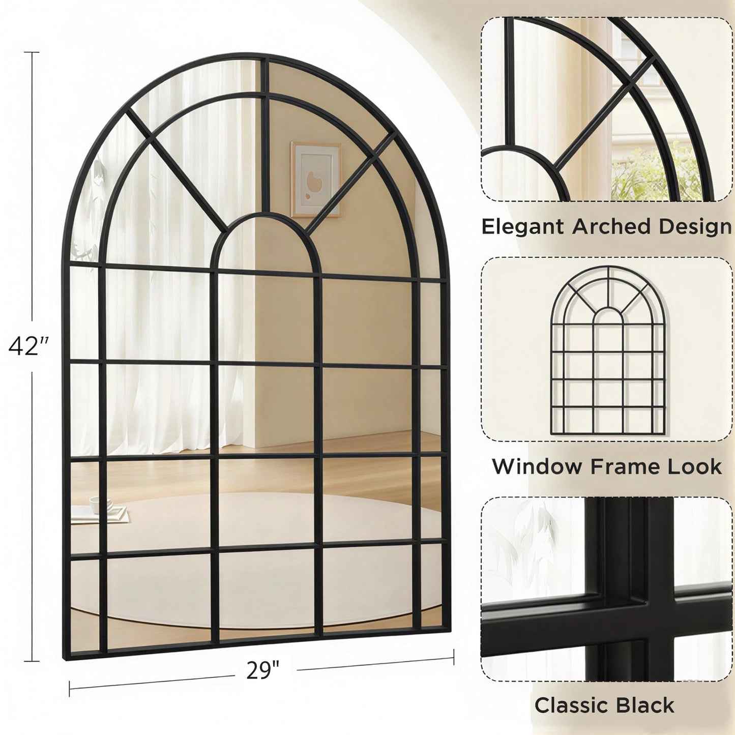Besdomus Large Arched Window Mirror: 29"x42" Black Classic Farmhouse Wall Mirror - Wall Decor for Fireplace/Entryway/Hallway/Living Room - Ideal for Home Decor Enthusiast