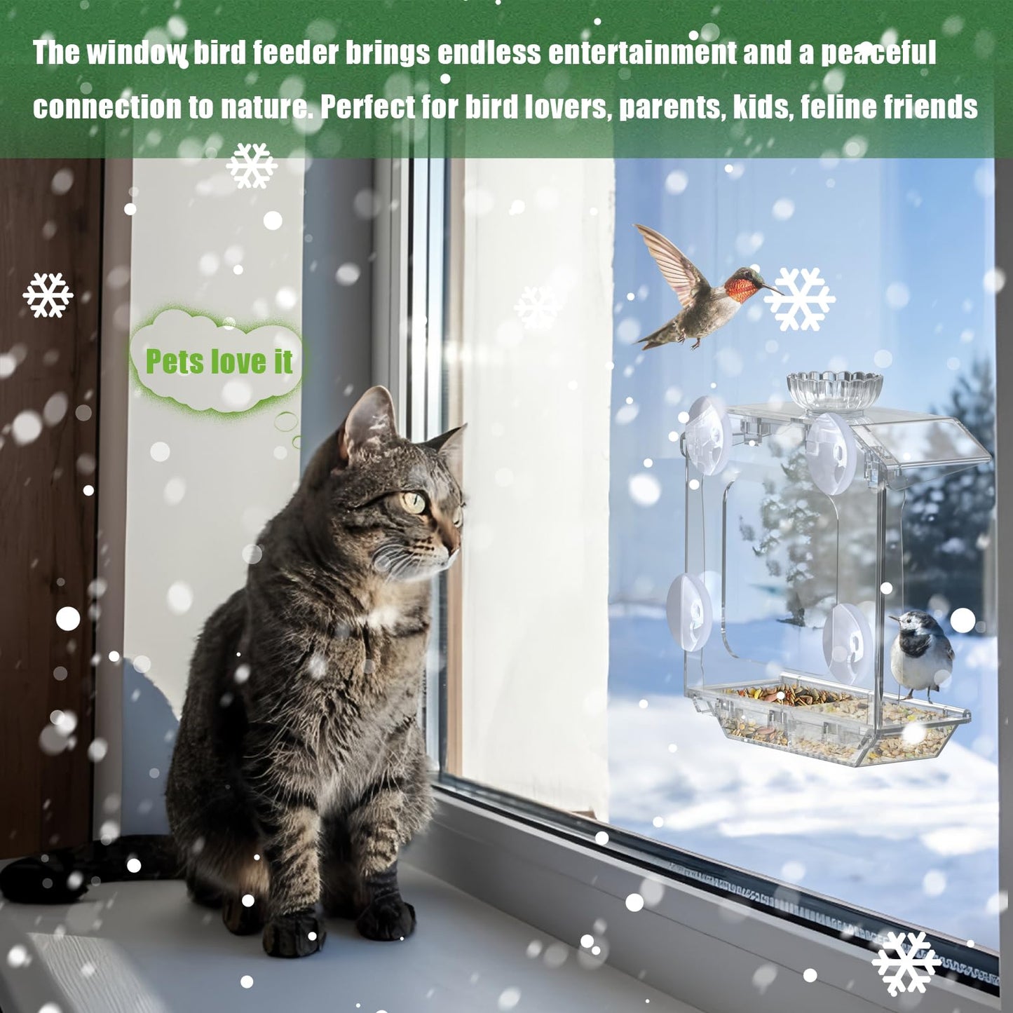 SVEDVK Clear Window Bird Feeder with Strong Suction Cups – Clear Bird Feeding Station with Dual Seed Tray & Water Bowl – Easy to Install and Clean for Outdoor Viewing