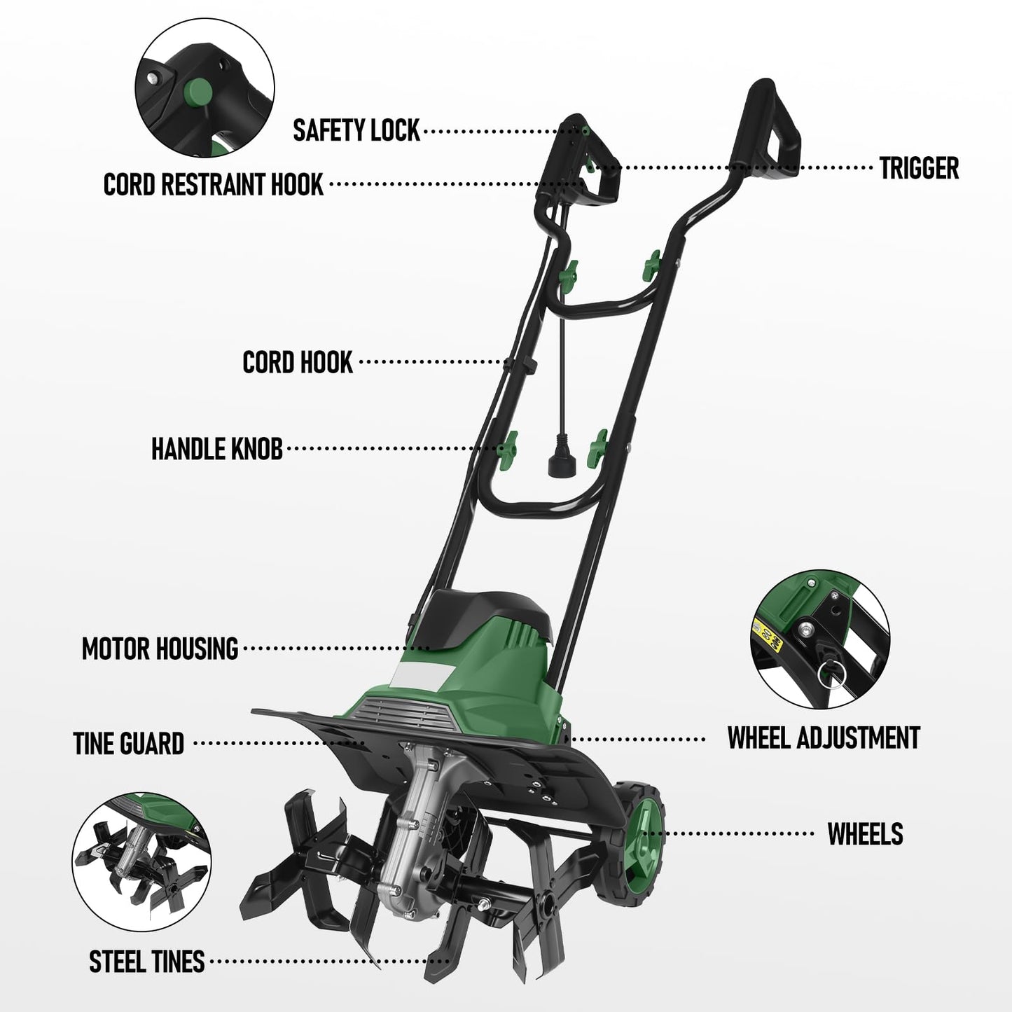 14-Inch Electric Tiller Cultivator, 10A 360RPM Corded Rototiller with 8.7-Inch Tillling Depth, 4X4 Steel Tines for Garden/Lawn/Yard/Soil Aeration/Soil Cultivation