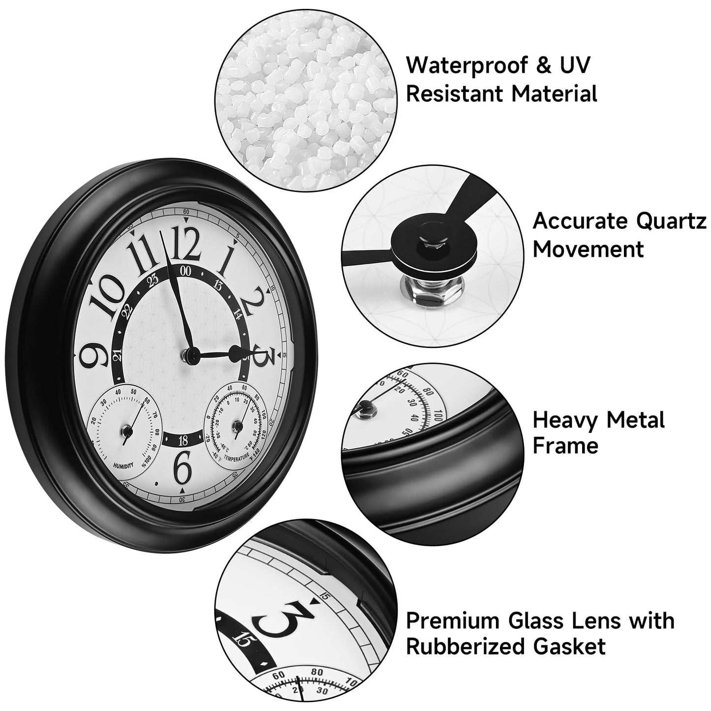 Dyreps 15Inch Outdoor Clock with Thermometer & Hygrometer - Waterproof Illuminated Large Outdoor Clocks Waterproof, Weather-Resistant Battery Operated Metal Wall Clock for Indoor and Outdoors