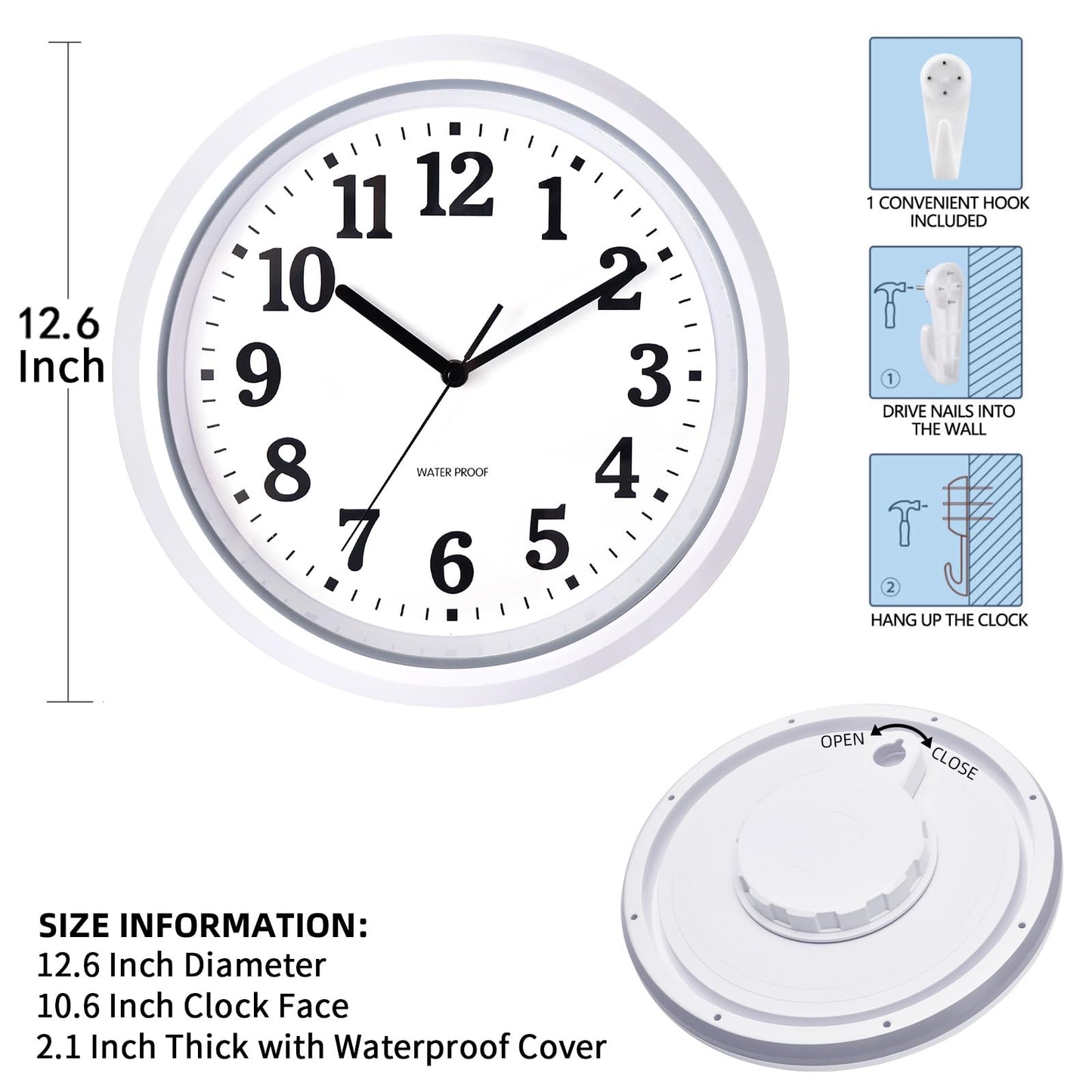Caysie 12 Inch Sealed Indoor Outdoor Waterproof Wall Clock, Durable Silent Non-Ticking Battery Operated Quality Quartz Round Clock, Wall Decorative for Patio, Pool, Bathroom (White)