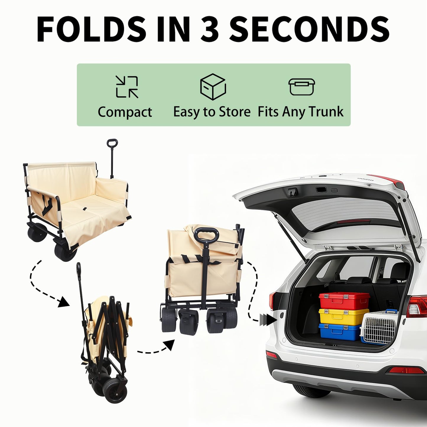 Collapsible Folding Wagon, Foldable Beach Wagon Cart with 300L Storage Collapsible 330LBS Folding Cart Adjustable Handle, Outdoor Utility Wagon for Groceries, Camping, Sports, Shopping