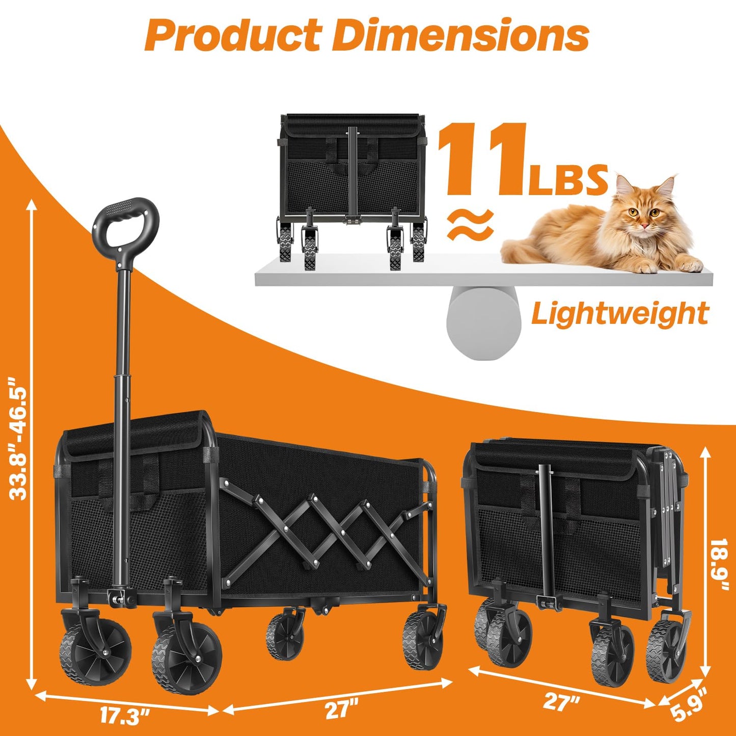 Collapsible Wagon Cart Foldable, 360lbs Portable Folding Wagon with Wheels, Foldable Wagon Carts Utility for Camping, Beach, Grocery, Shopping, Sports, Garden(Classic Black)