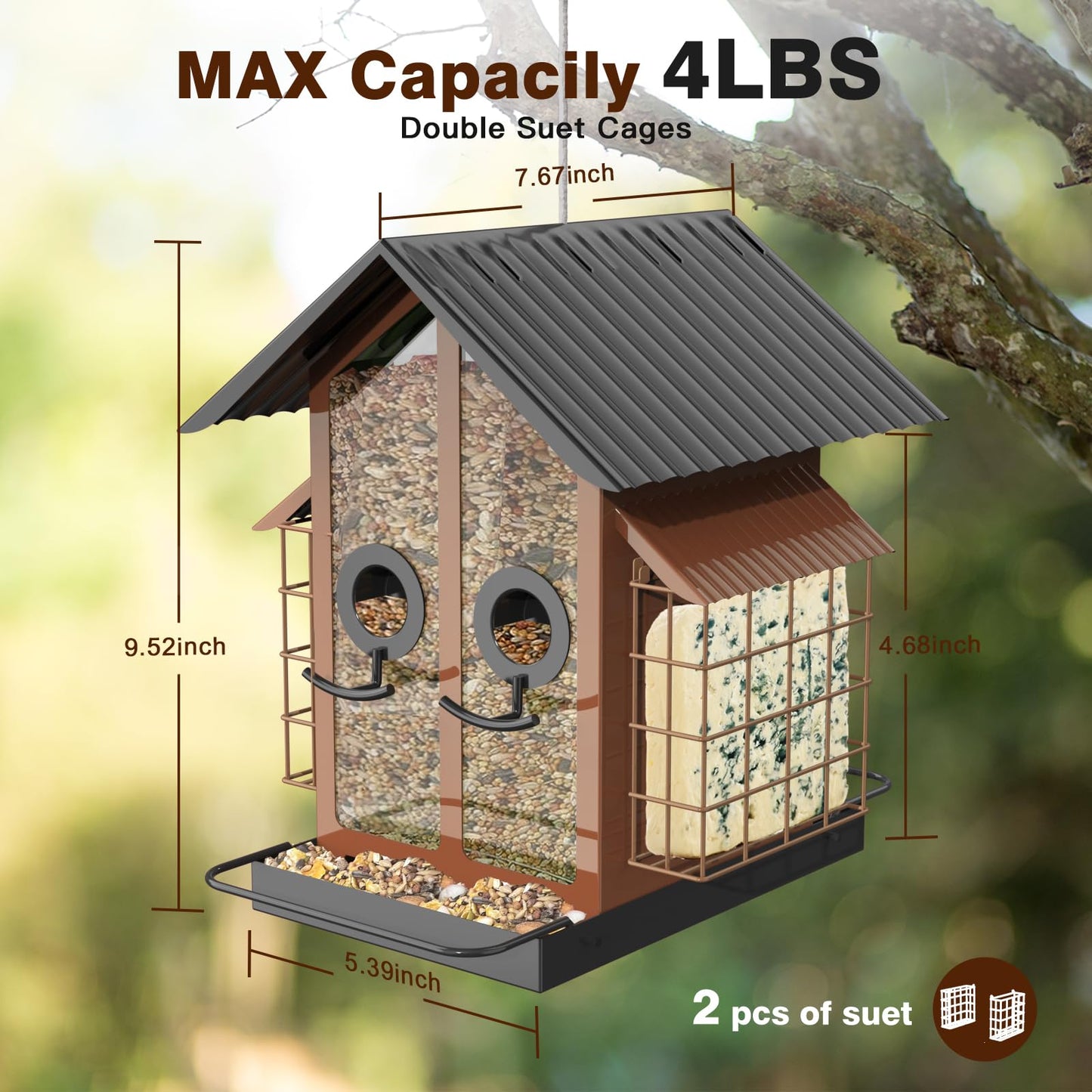 FlowaFoli Bird Feeders for Outdoors, Metal Bird Feeder with Double Suet Cage Weatherproof Metal Roof, 2 in 1 Mixed Seeds Suet Feeder, 4Lbs Large Capacity, Great for Finch、Cardinal、Chickadee（Brown）