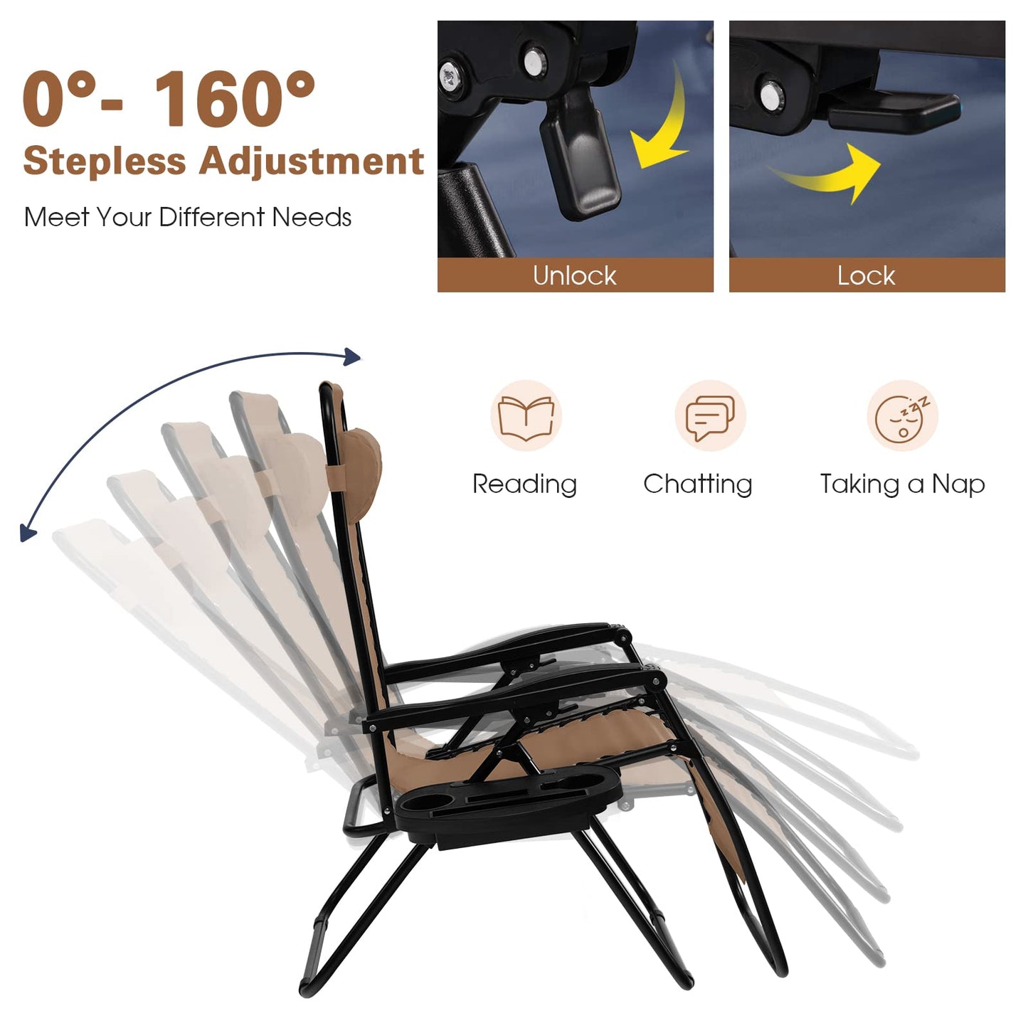 Renatone Folding Zero Gravity Reclining Textilene Lounge Chairs, Outdoor Adjustable Patio w/Pillows & Cup Holder Trays for Backyard, Beach, Poolside (BE)
