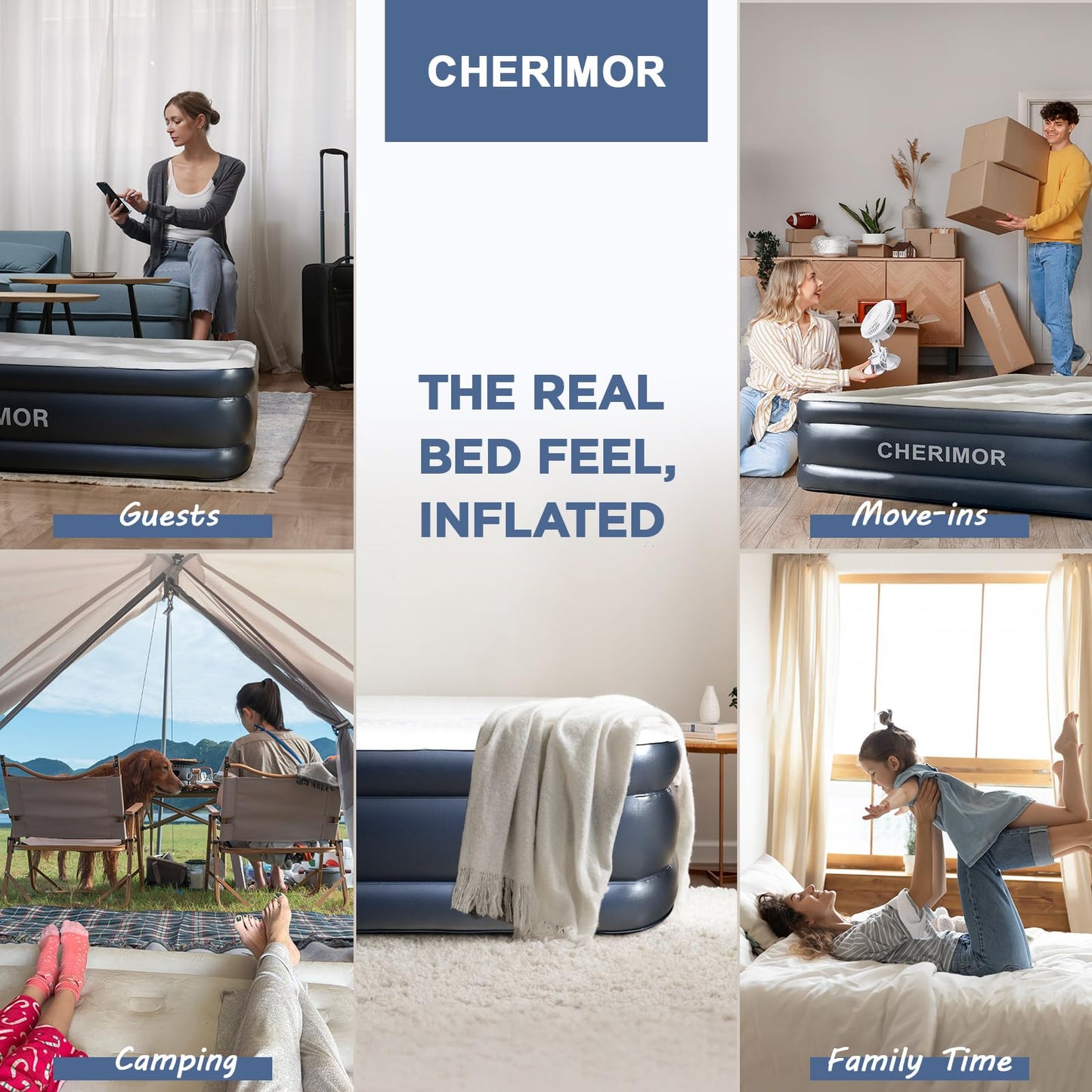 CHERIMOR Queen Air Mattress with Built in Pump, 18" Elevated Height, 48Hr Leak-Tested, Honeycomb Coil Support, 800 lbs Capacity, Fast 3-Min Inflation Blow Up Mattress for Guest Room & Sleepover