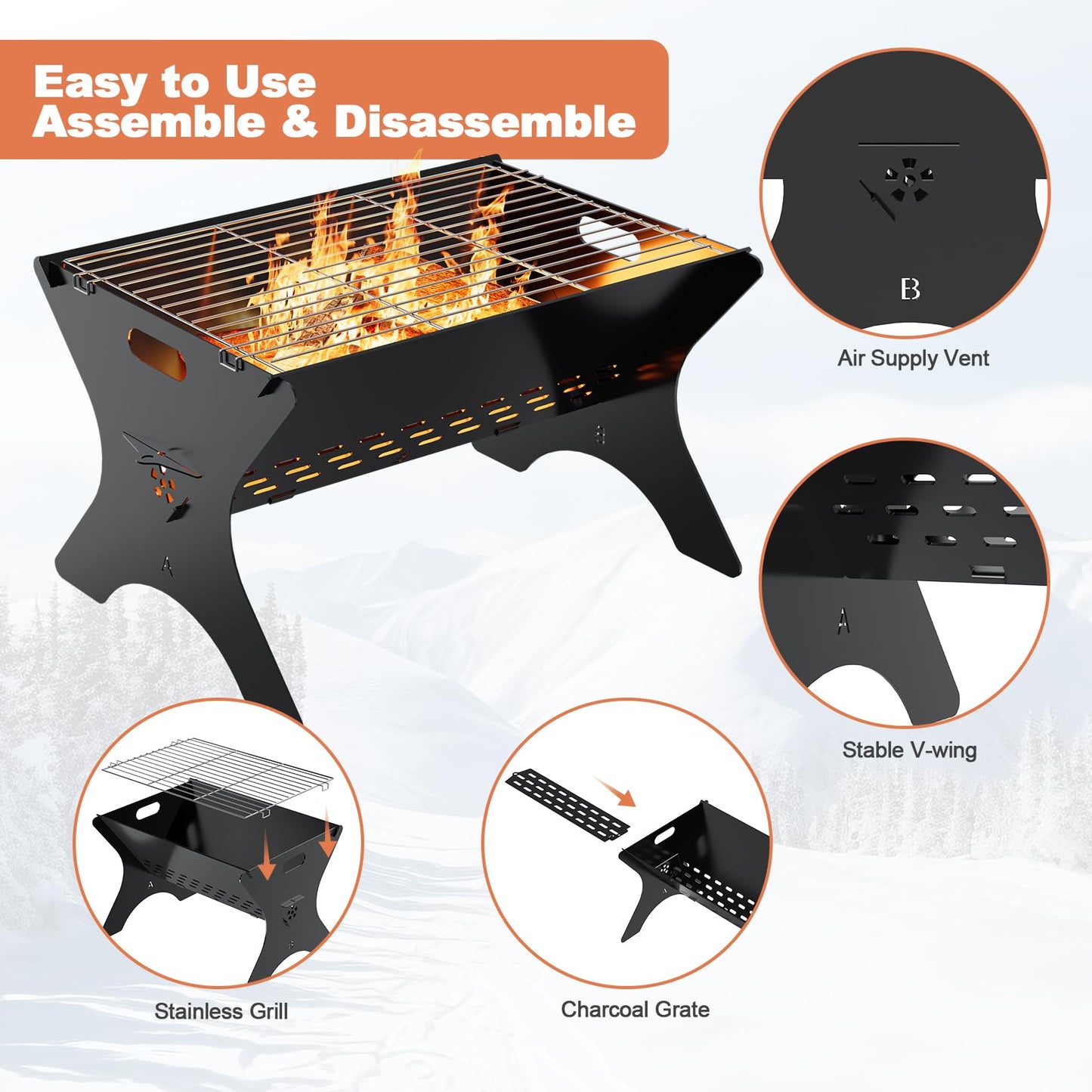Bearfire Camping Campfire Grill, 16"Lx12"D Portable Folding Charcoal Grills, Backpacking BBQ Grill with Carry Bag, Outdoor Fire pit for Camping, Picnic, Bonfire, Patio, Backyard
