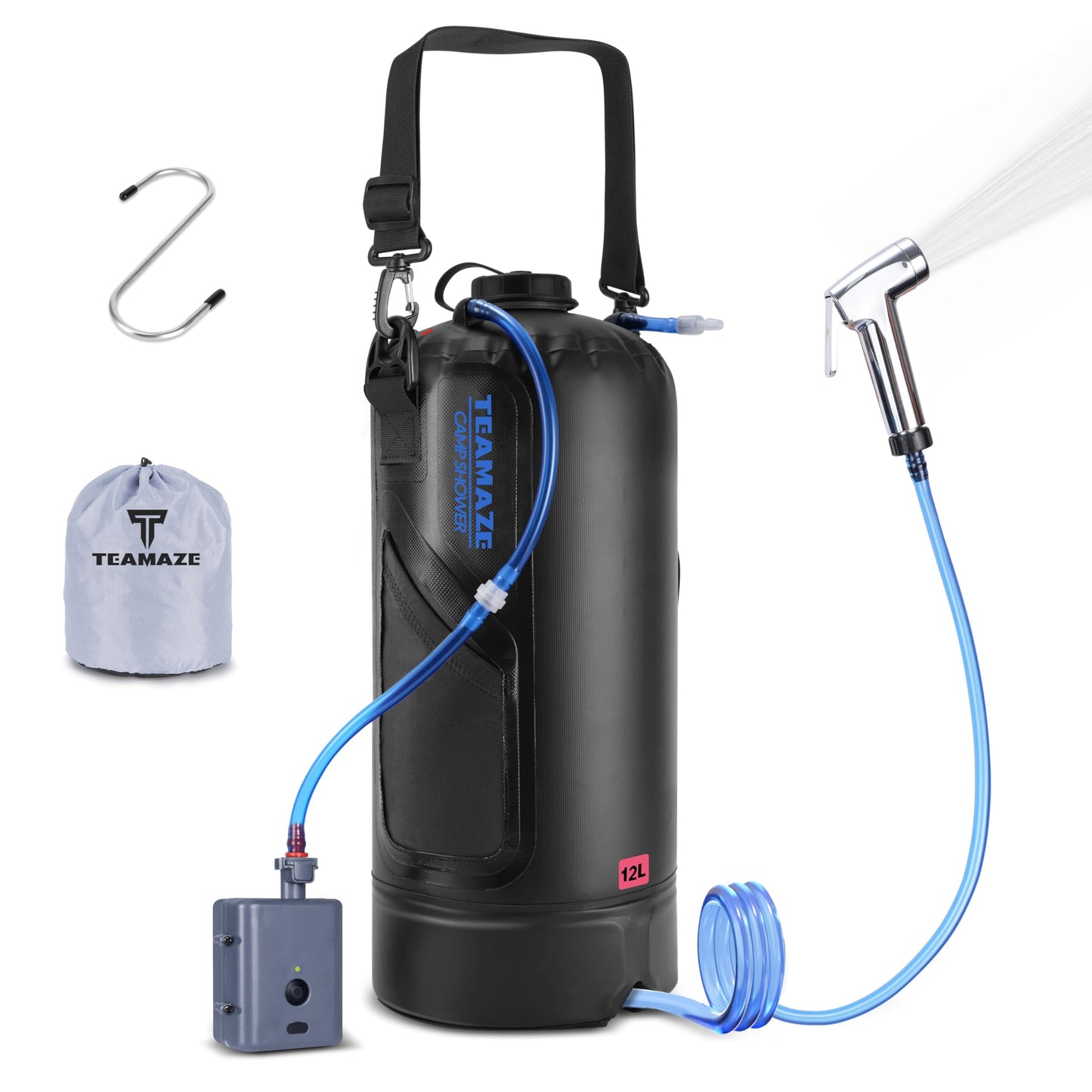 Teamaze Portable Shower,12L/3.2 Gal Solar Camping Shower Bag with Auto Pressure Pump,Portable Outdoor Shower for Camping,Beach,Hiking,RV,Pet Bath